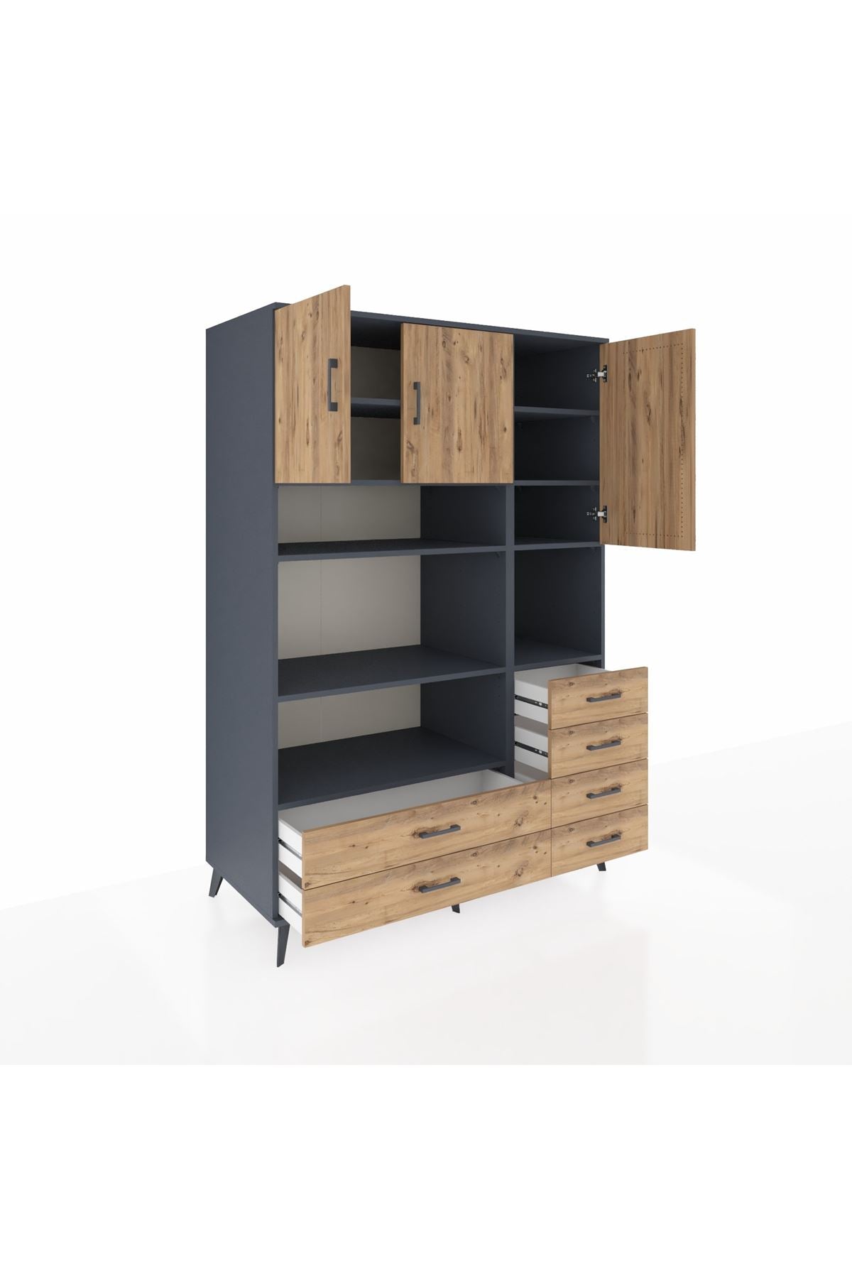 Kronos Dolap 9 Raflı 6 Çekmeceli 3 Kapaklı 132x59x195 Antrasit-Çam/Çam