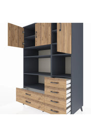 Kronos Dolap 9 Raflı 6 Çekmeceli 3 Kapaklı 132x59x195 Antrasit-Çam/Çam