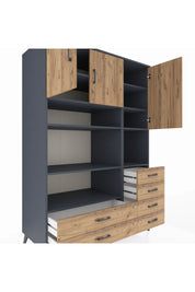 Kronos Dolap 9 Raflı 6 Çekmeceli 3 Kapaklı 132x59x195 Antrasit-Çam/Çam