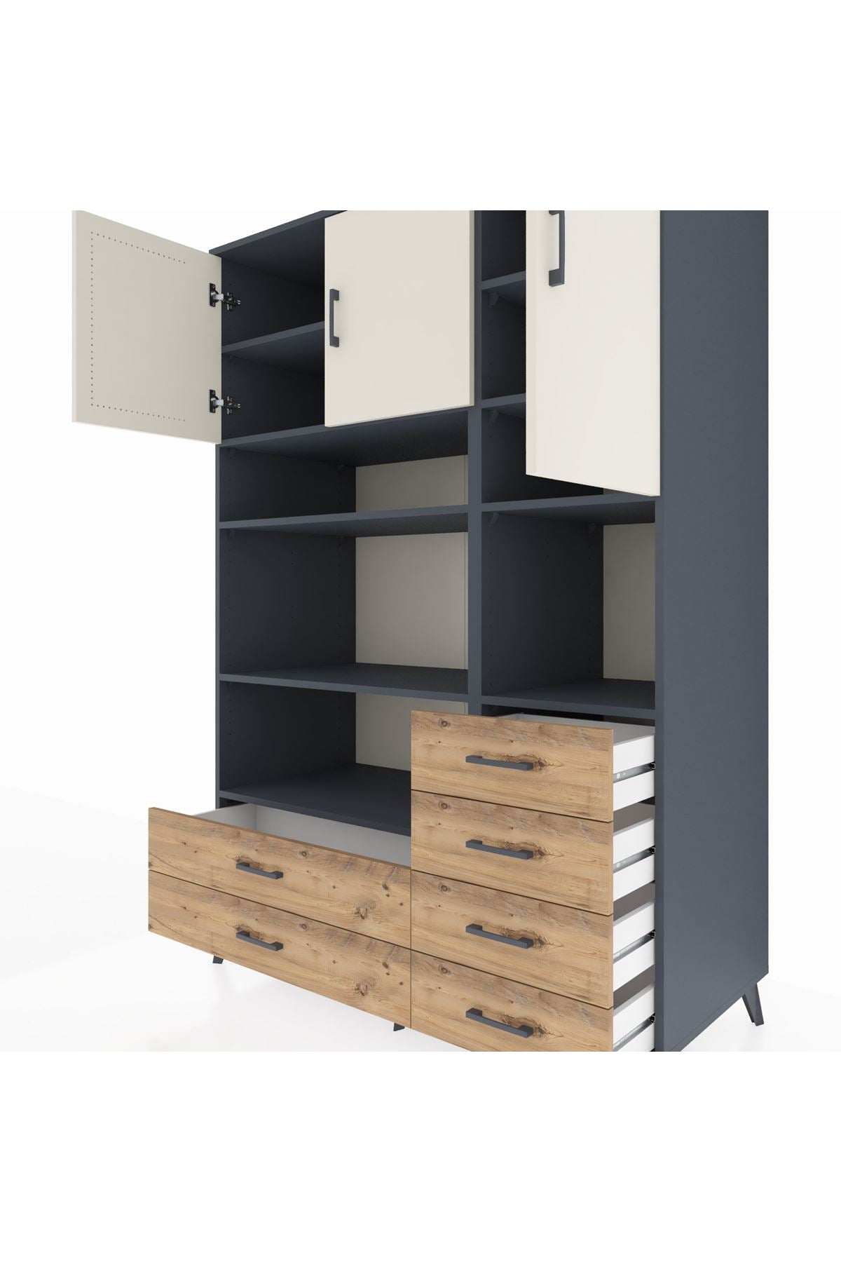 Kronos Dolap 9 Raflı 6 Çekmeceli 3 Kapaklı 132x59x195 Antrasit-Aytaşı/Çam