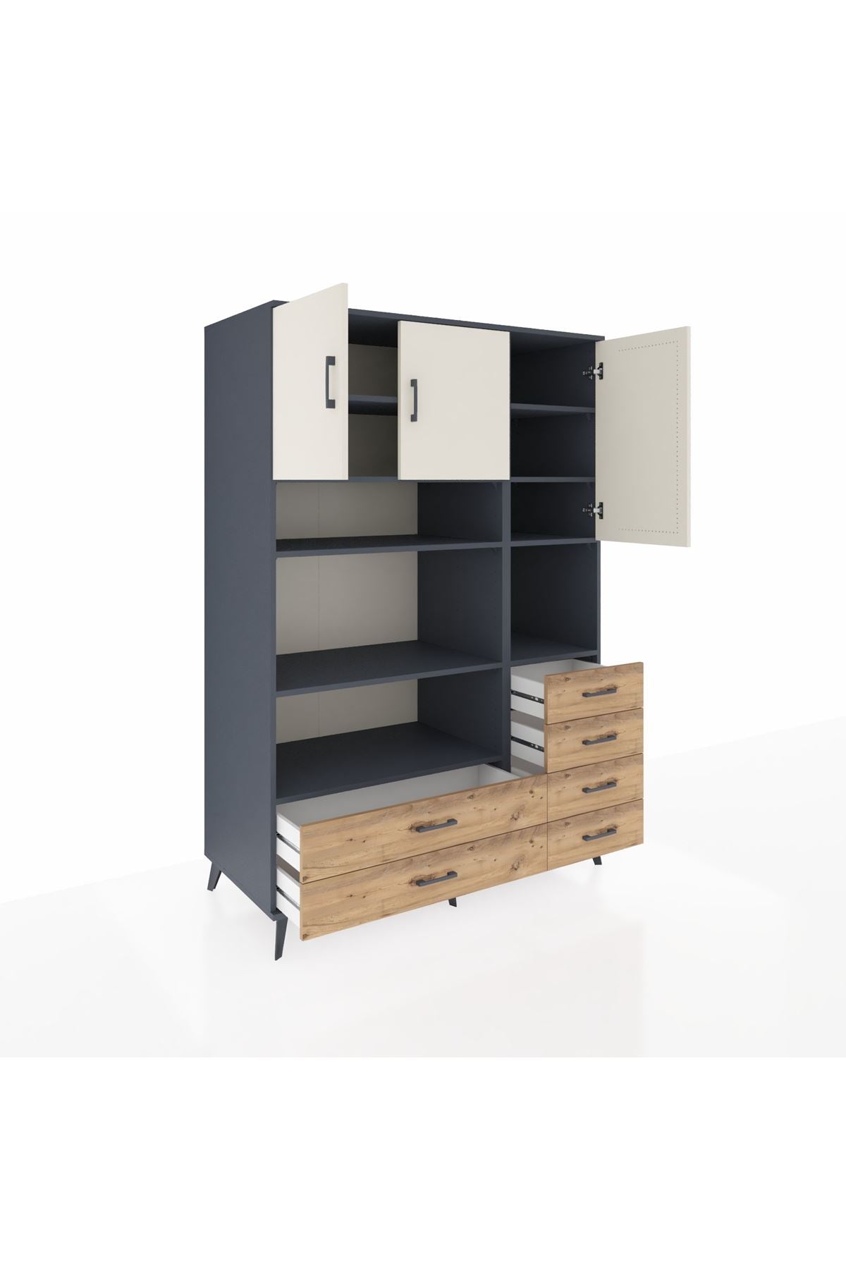 Kronos Dolap 9 Raflı 6 Çekmeceli 3 Kapaklı 132x59x195 Antrasit-Aytaşı/Çam