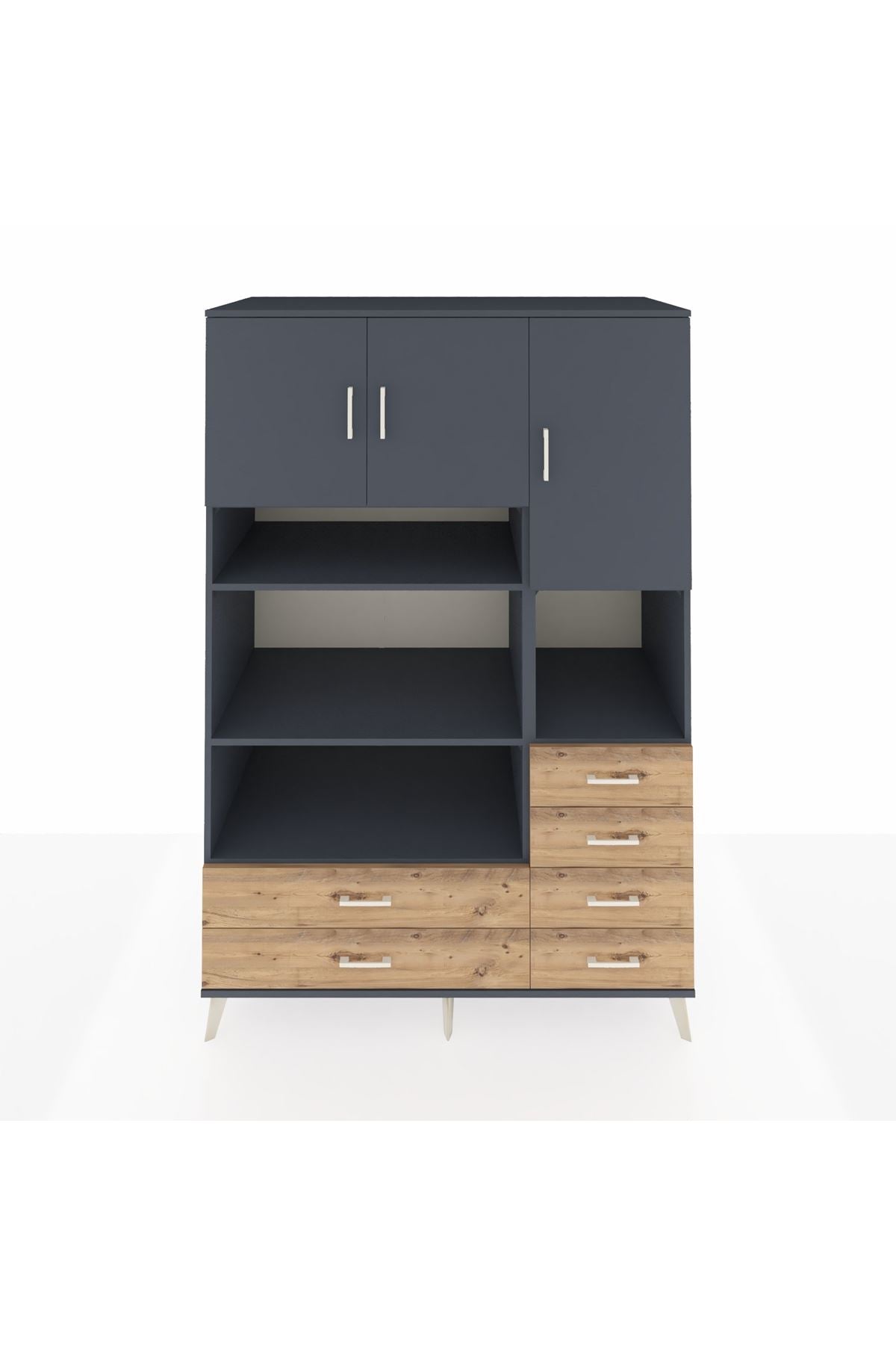 Kronos Dolap 9 Raflı 6 Çekmeceli 3 Kapaklı 132x59x195 Antrasit-Antrasit/Çam