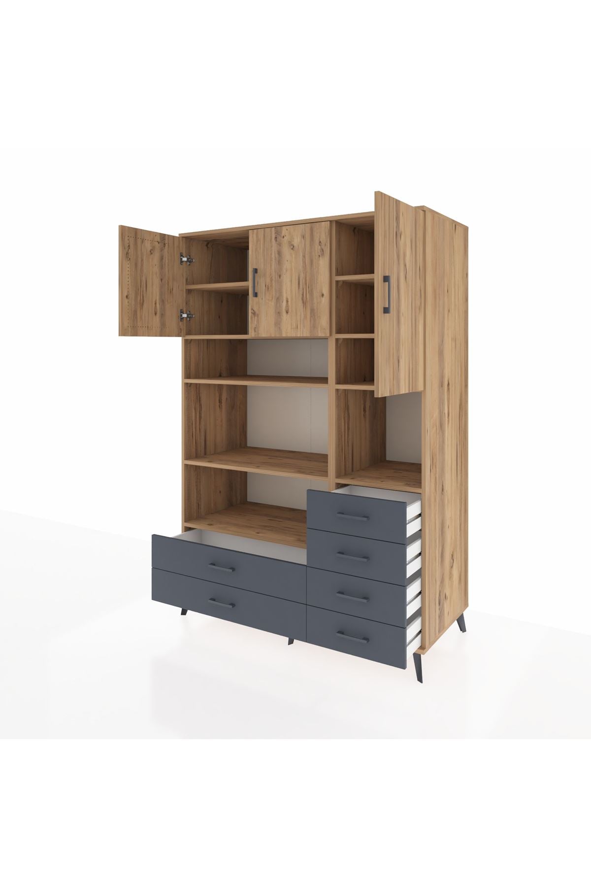 Kronos Dolap 9 Raflı 6 Çekmeceli 3 Kapaklı 132x59x195 Çam-Çam/Antrasit