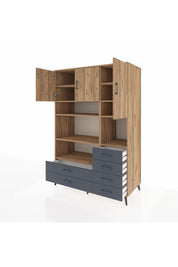 Kronos Dolap 9 Raflı 6 Çekmeceli 3 Kapaklı 132x59x195 Çam-Çam/Antrasit