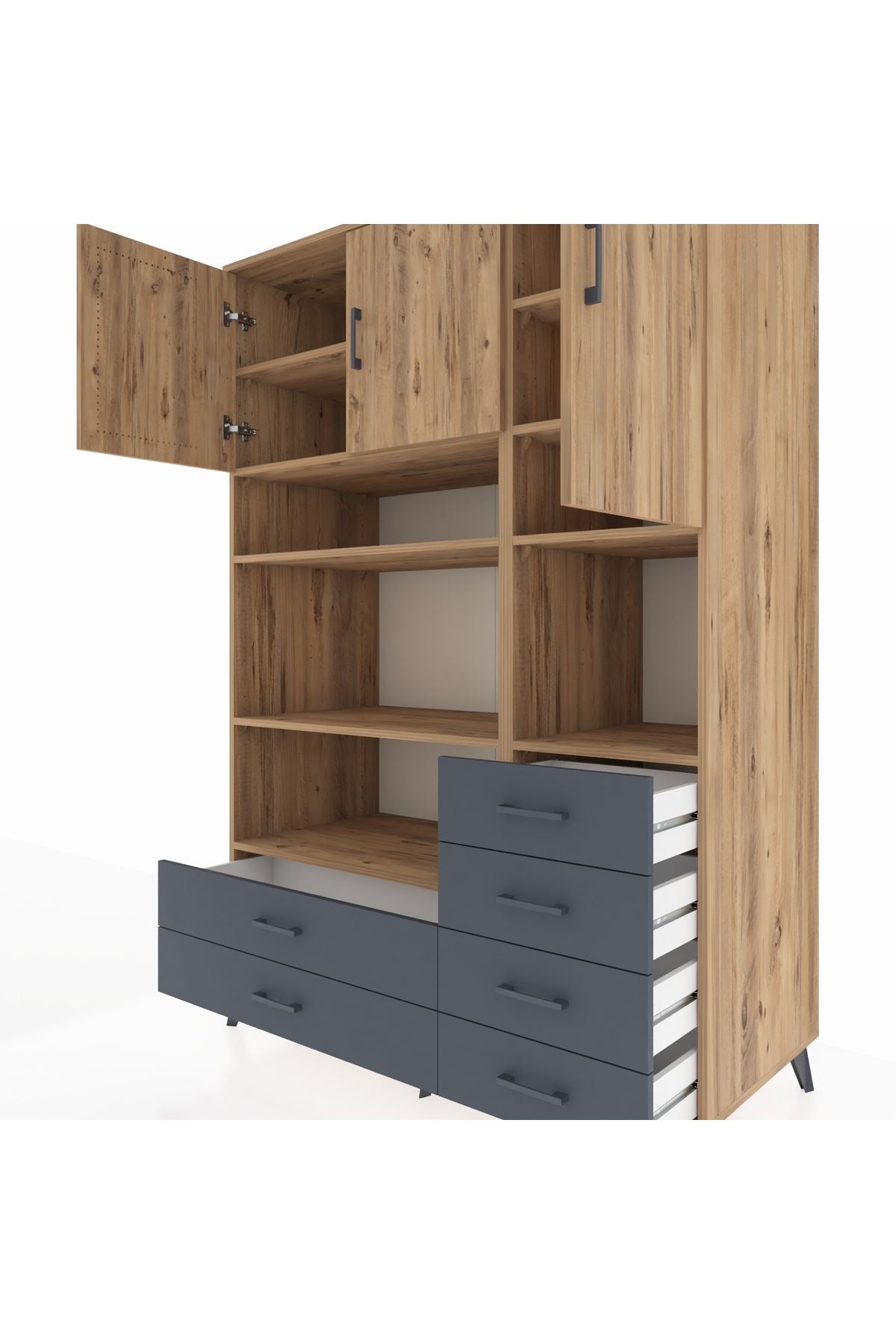 Kronos Dolap 9 Raflı 6 Çekmeceli 3 Kapaklı 132x59x195 Çam-Çam/Antrasit