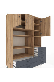 Kronos Dolap 9 Raflı 6 Çekmeceli 3 Kapaklı 132x59x195 Çam-Çam/Antrasit