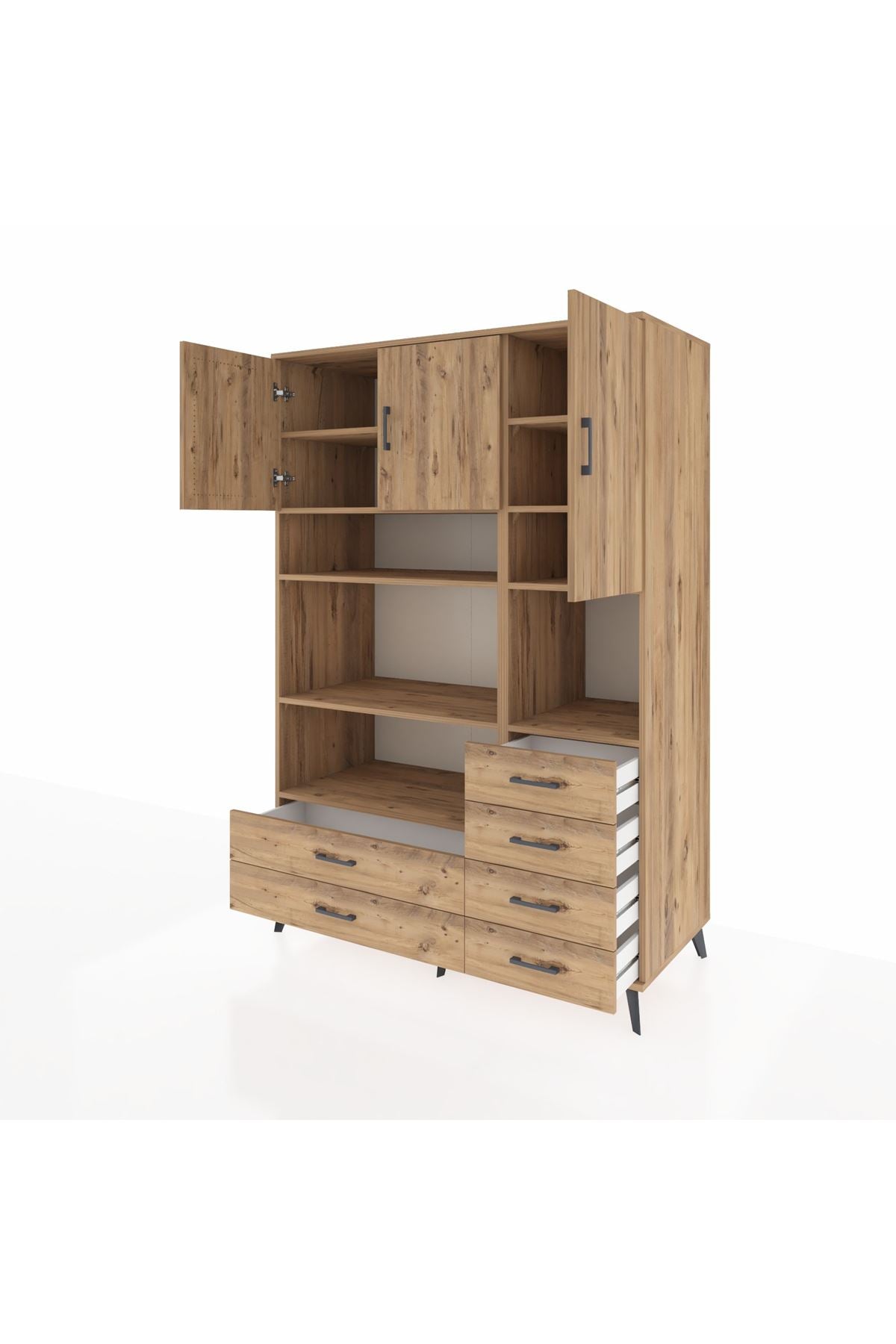 Kronos Dolap 9 Raflı 6 Çekmeceli 3 Kapaklı 132x59x195 Çam-Çam/Çam