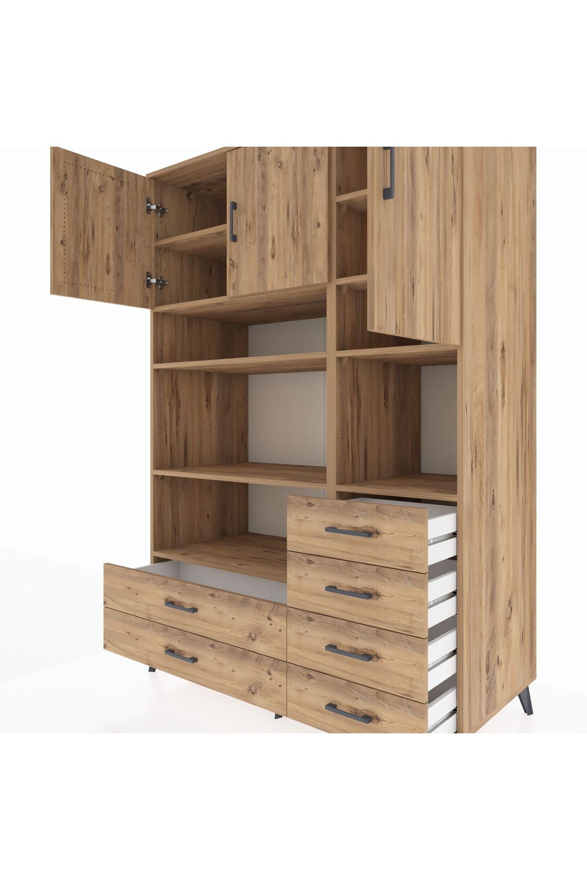 Kronos Dolap 9 Raflı 6 Çekmeceli 3 Kapaklı 132x59x195 Çam-Çam/Çam