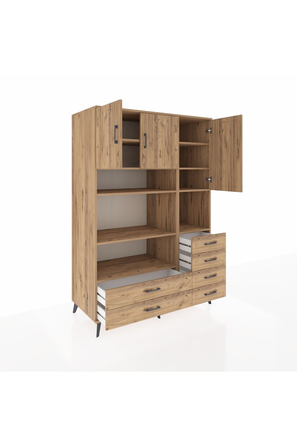 Kronos Dolap 9 Raflı 6 Çekmeceli 3 Kapaklı 132x59x195 Çam-Çam/Çam