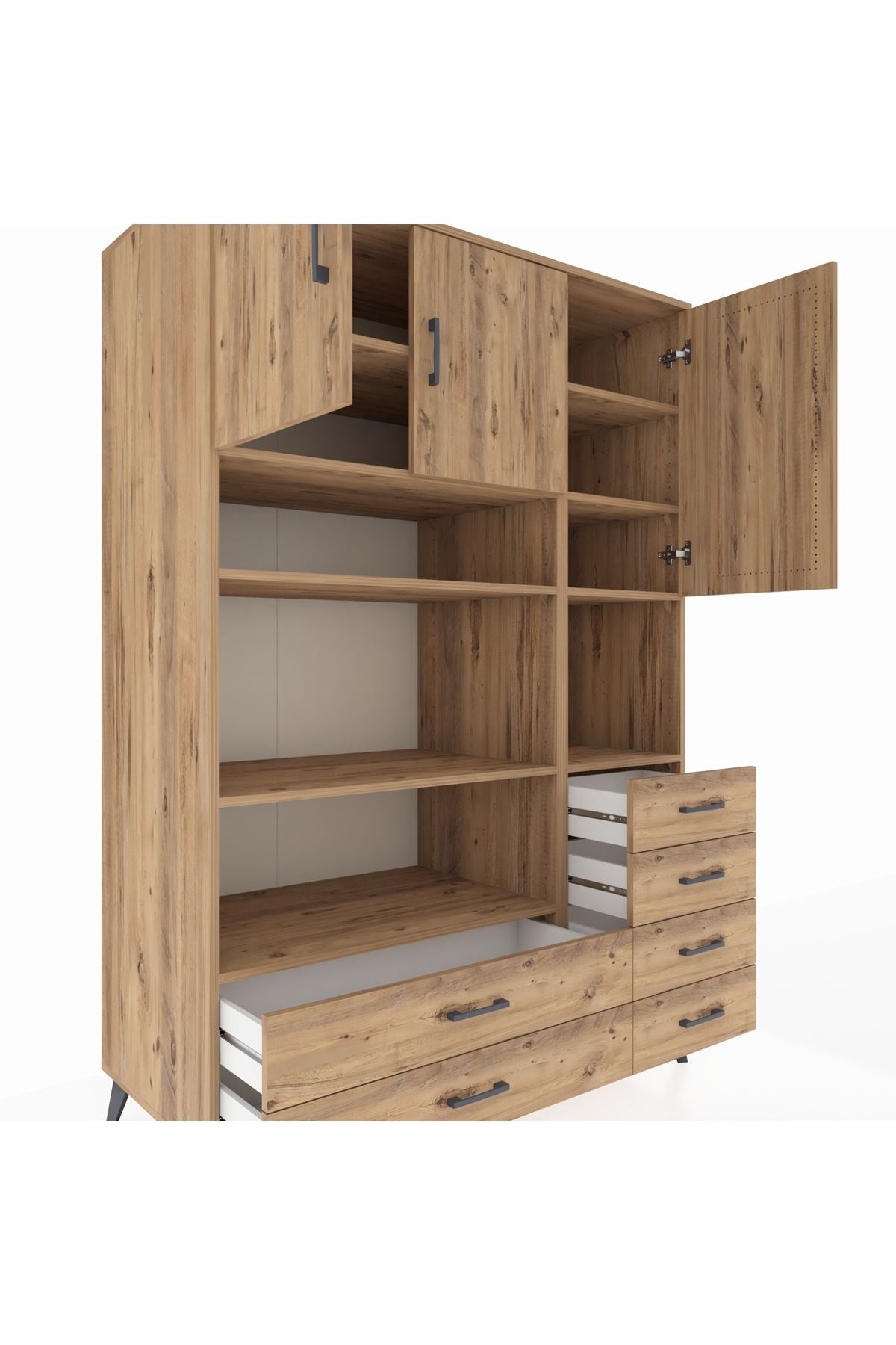 Kronos Dolap 9 Raflı 6 Çekmeceli 3 Kapaklı 132x59x195 Çam-Çam/Çam