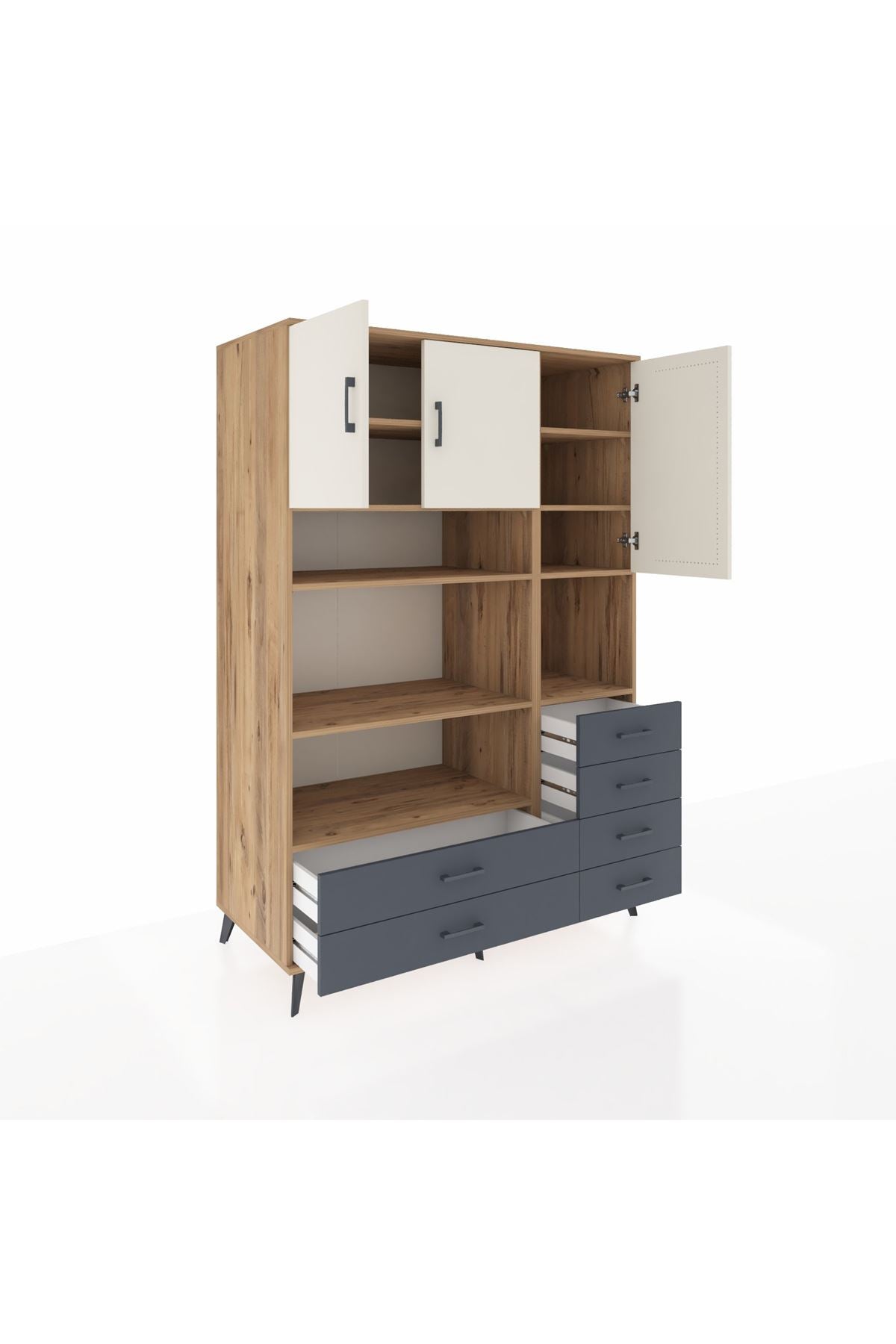 Kronos Dolap 9 Raflı 6 Çekmeceli 3 Kapaklı 132x59x195 Çam-Aytaşı/Antrasit