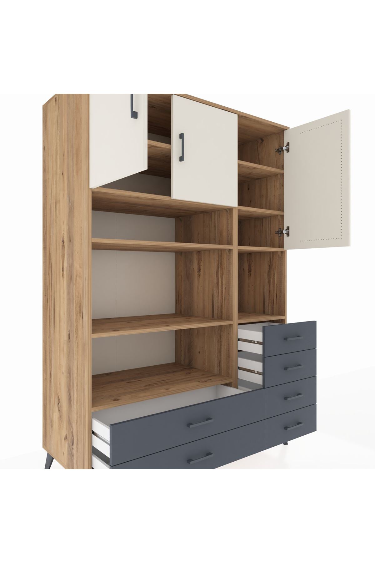 Kronos Dolap 9 Raflı 6 Çekmeceli 3 Kapaklı 132x59x195 Çam-Aytaşı/Antrasit