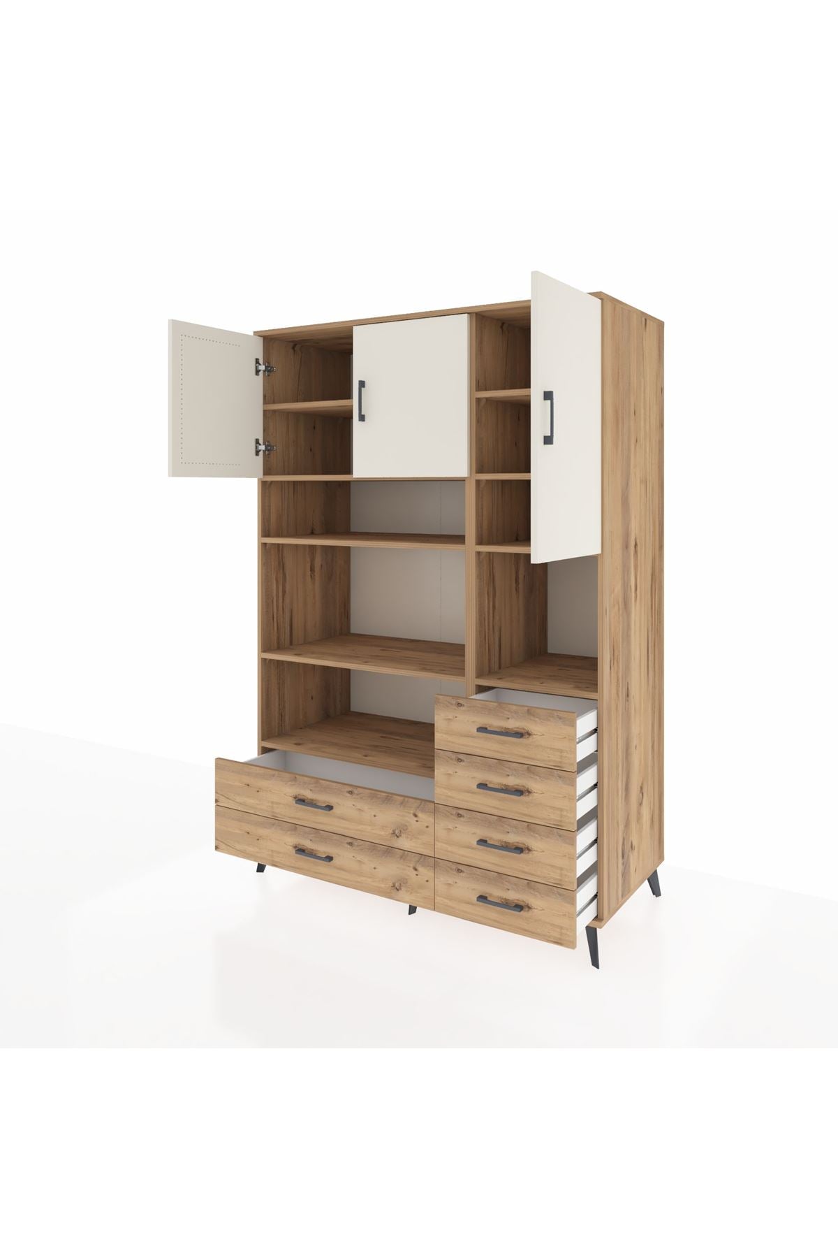 Kronos Dolap 9 Raflı 6 Çekmeceli 3 Kapaklı 132x59x195 Çam-Aytaşı/Çam