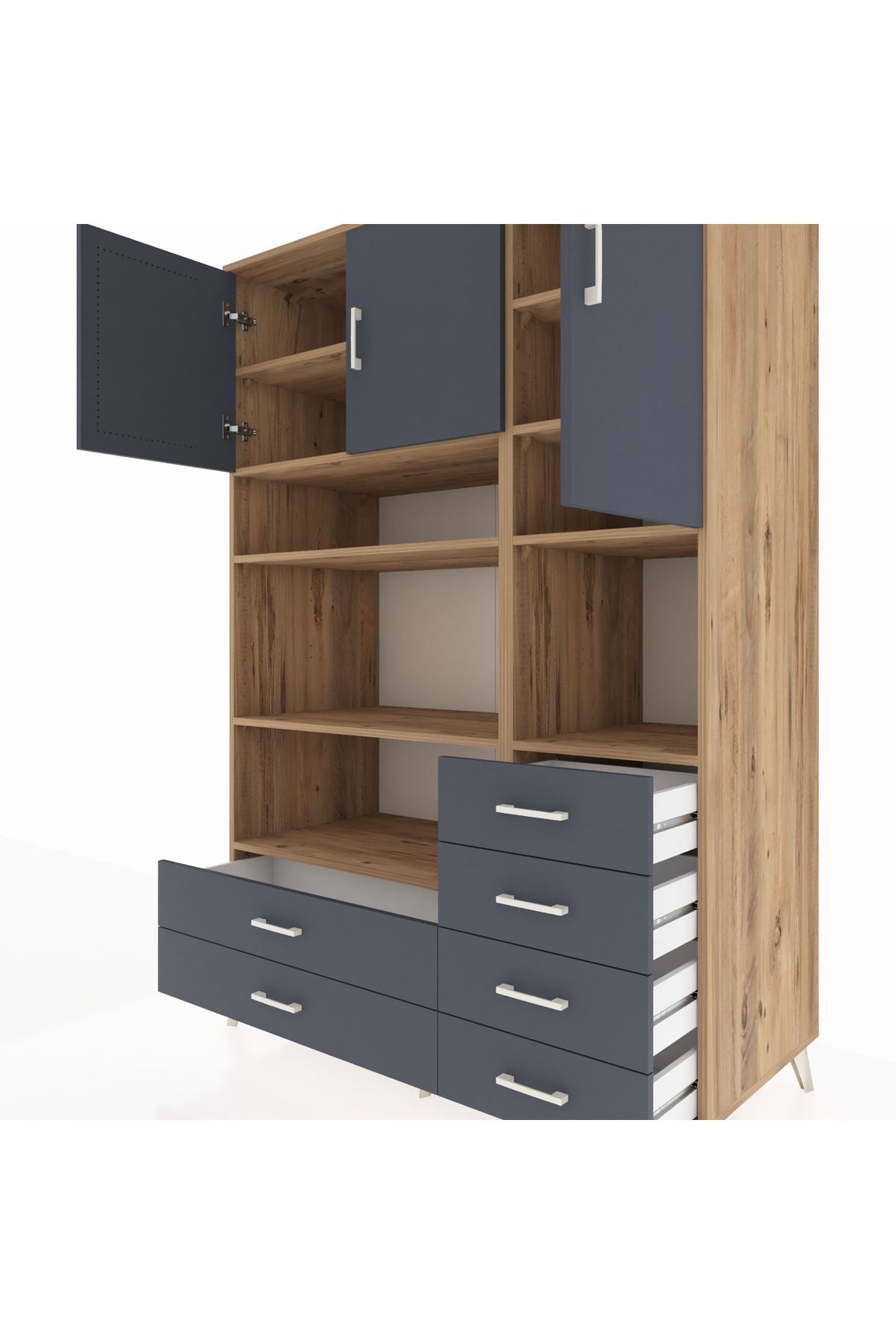 Kronos Dolap 9 Raflı 6 Çekmeceli 3 Kapaklı 132x59x195 Çam-Antrasit/Antrasit