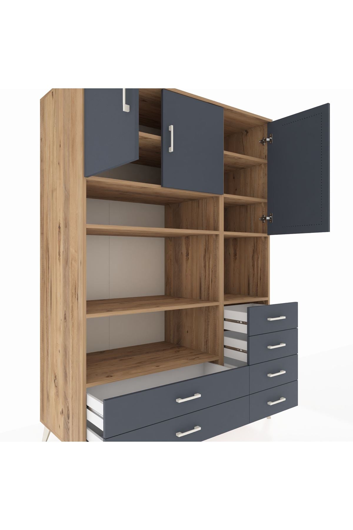 Kronos Dolap 9 Raflı 6 Çekmeceli 3 Kapaklı 132x59x195 Çam-Antrasit/Antrasit