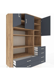 Kronos Dolap 9 Raflı 6 Çekmeceli 3 Kapaklı 132x59x195 Çam-Antrasit/Antrasit