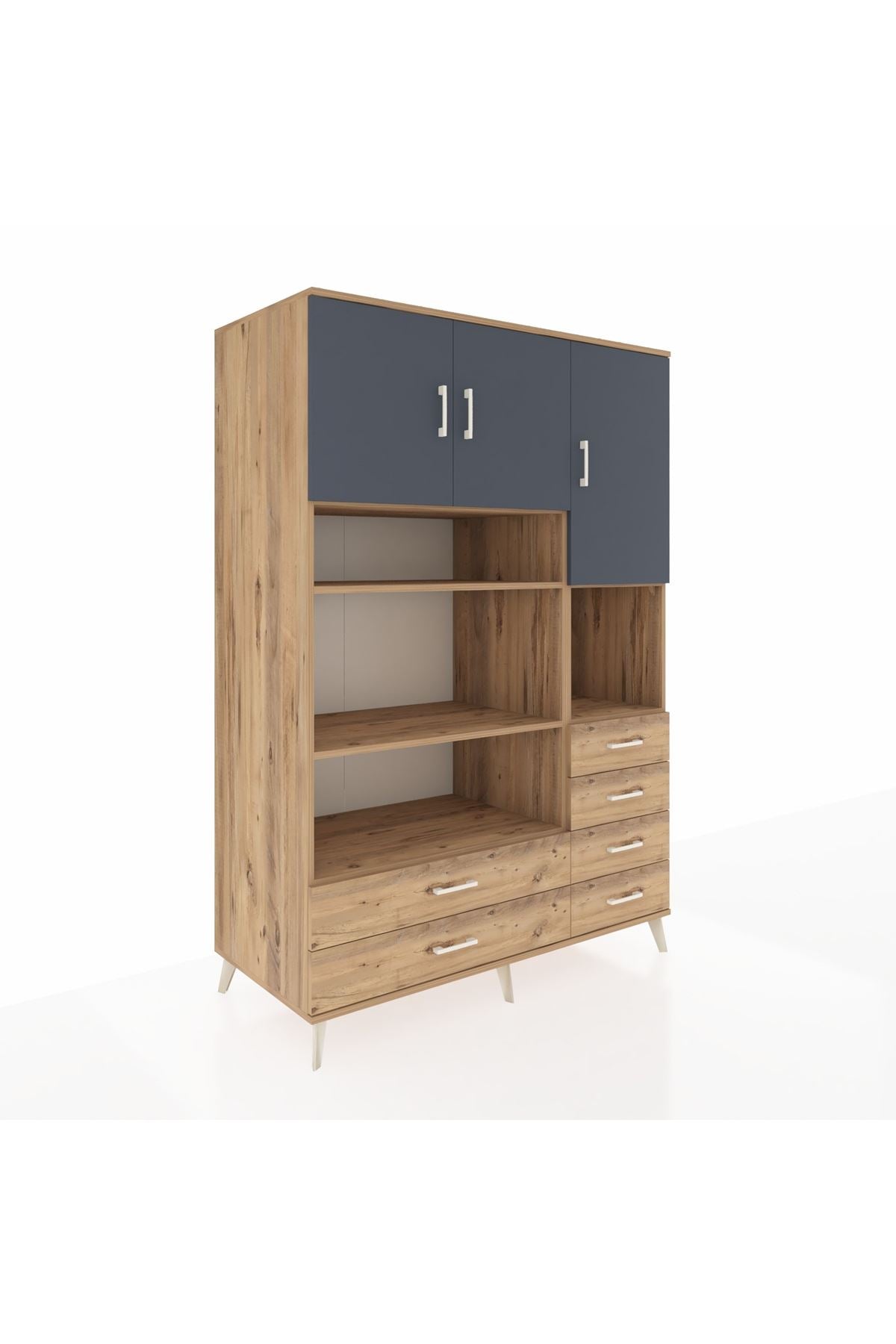 Kronos Dolap 9 Raflı 6 Çekmeceli 3 Kapaklı 132x59x195 Çam-Antrasit/Çam