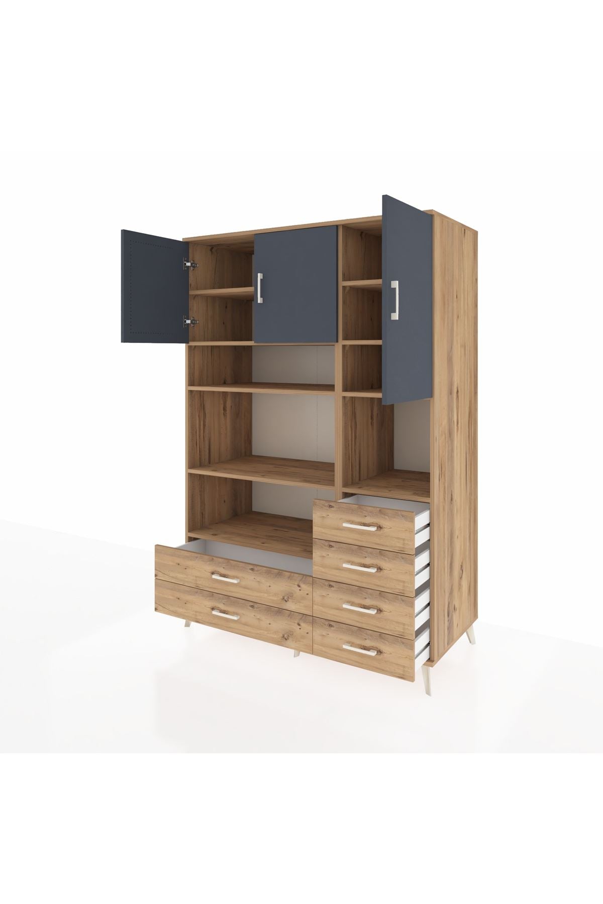 Kronos Dolap 9 Raflı 6 Çekmeceli 3 Kapaklı 132x59x195 Çam-Antrasit/Çam