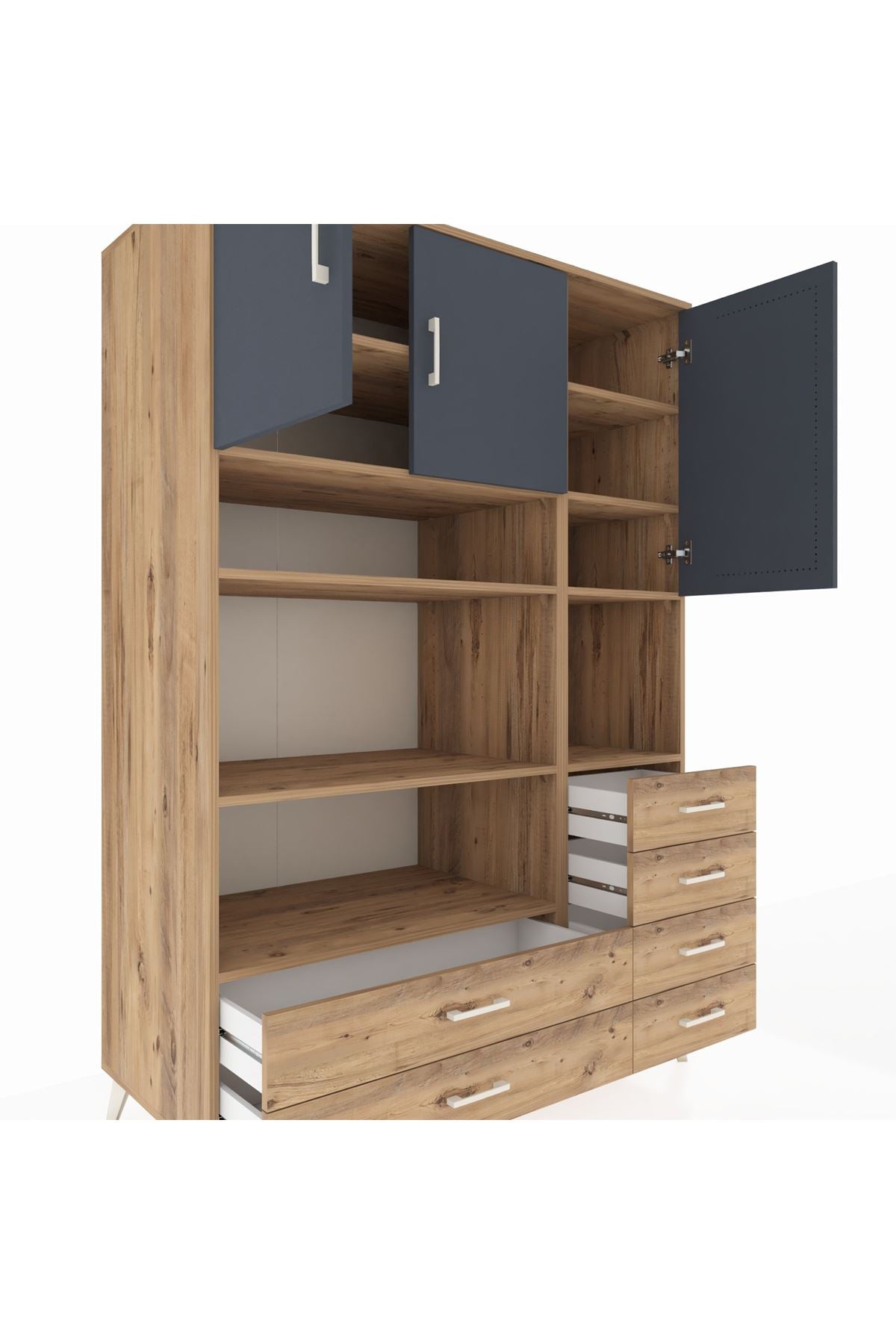 Kronos Dolap 9 Raflı 6 Çekmeceli 3 Kapaklı 132x59x195 Çam-Antrasit/Çam