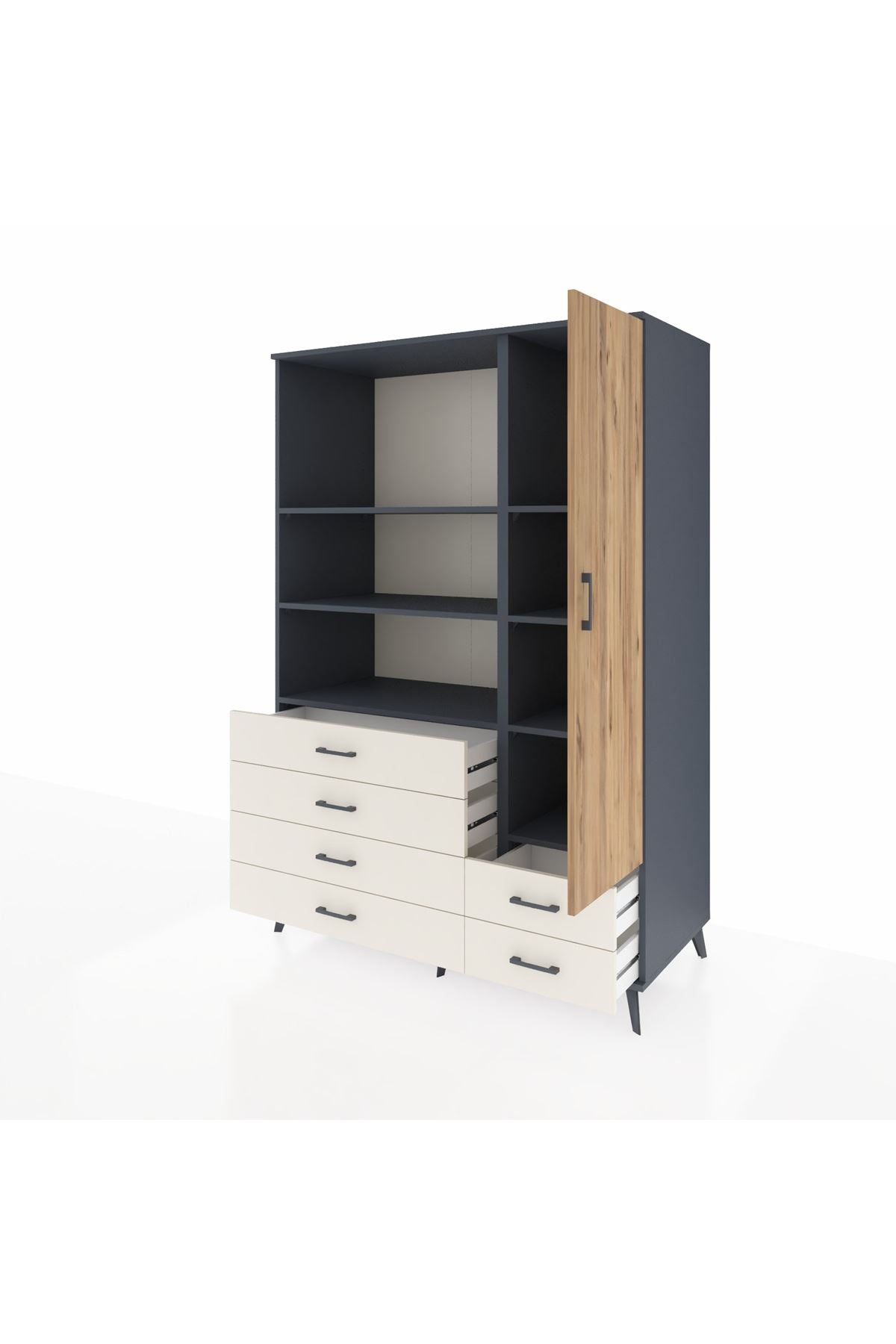 Kronos Dolap 7 Raflı 6 Çekmeceli Tek Kapaklı 132x59x195 Antrasit-Çam/Aytaşı