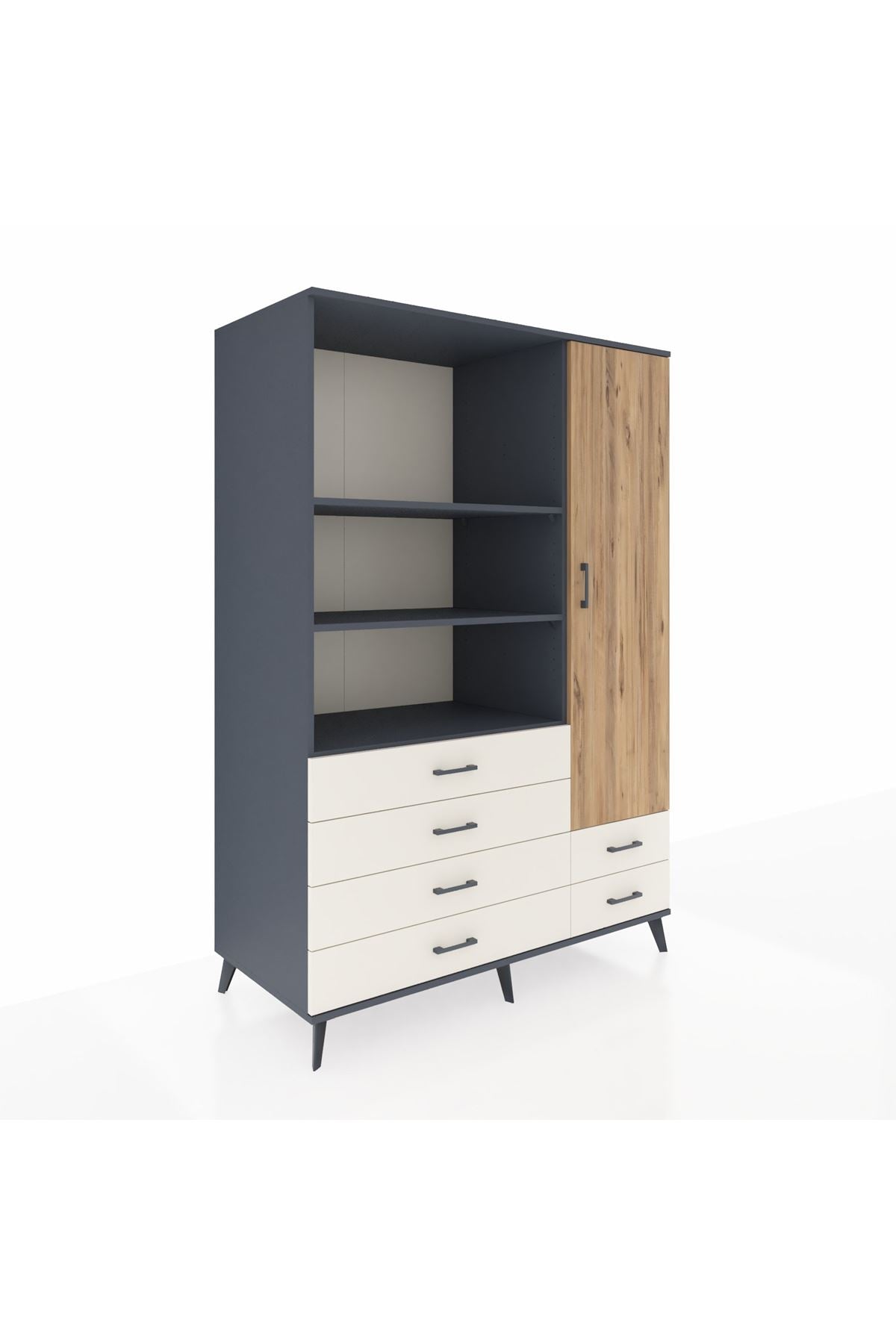 Kronos Dolap 7 Raflı 6 Çekmeceli Tek Kapaklı 132x59x195 Antrasit-Çam/Aytaşı