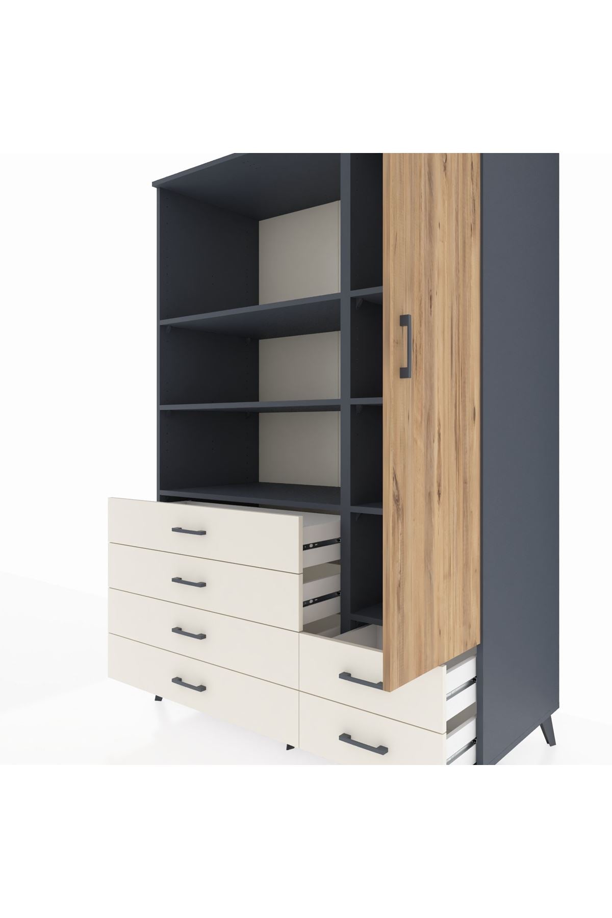 Kronos Dolap 7 Raflı 6 Çekmeceli Tek Kapaklı 132x59x195 Antrasit-Çam/Aytaşı