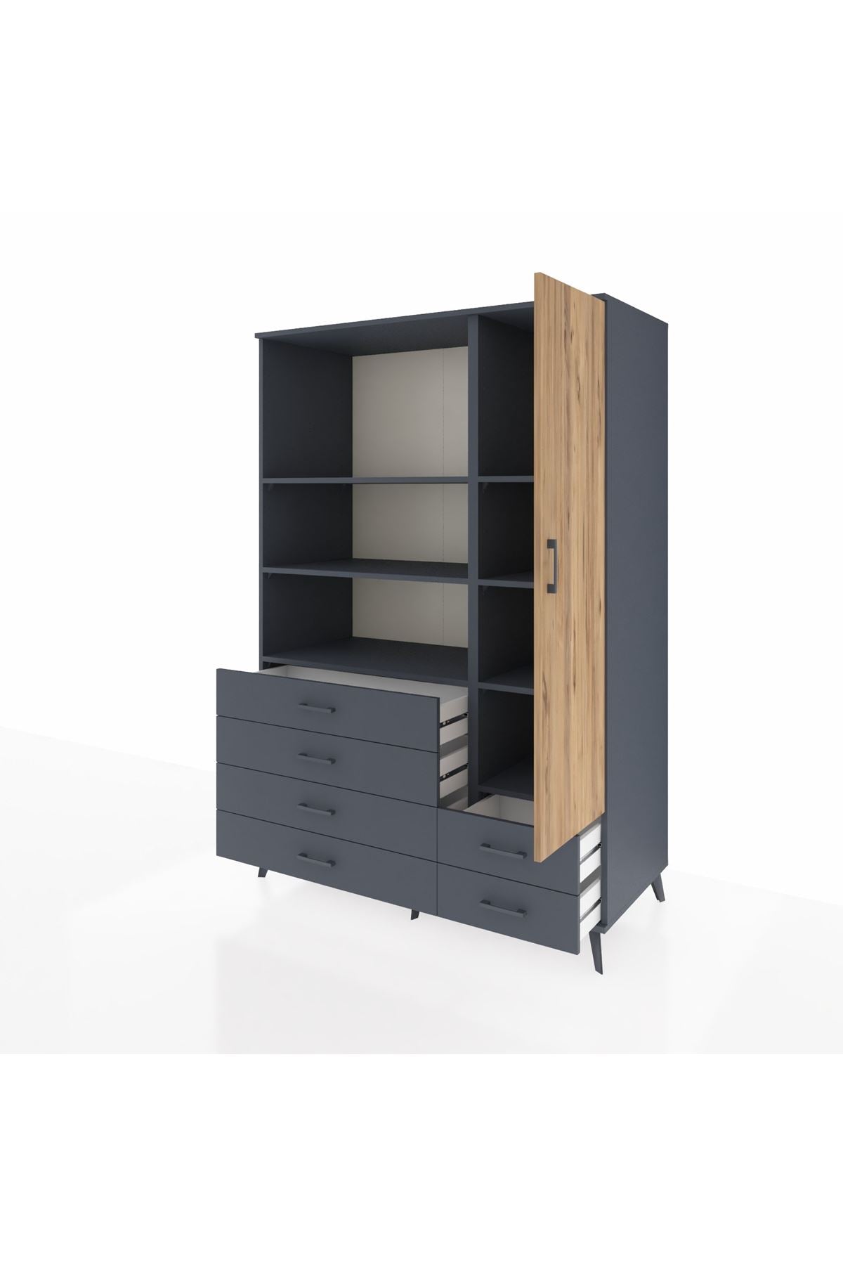 Kronos Dolap 7 Raflı 6 Çekmeceli Tek Kapaklı 132x59x195 Antrasit-Çam/Antrasit