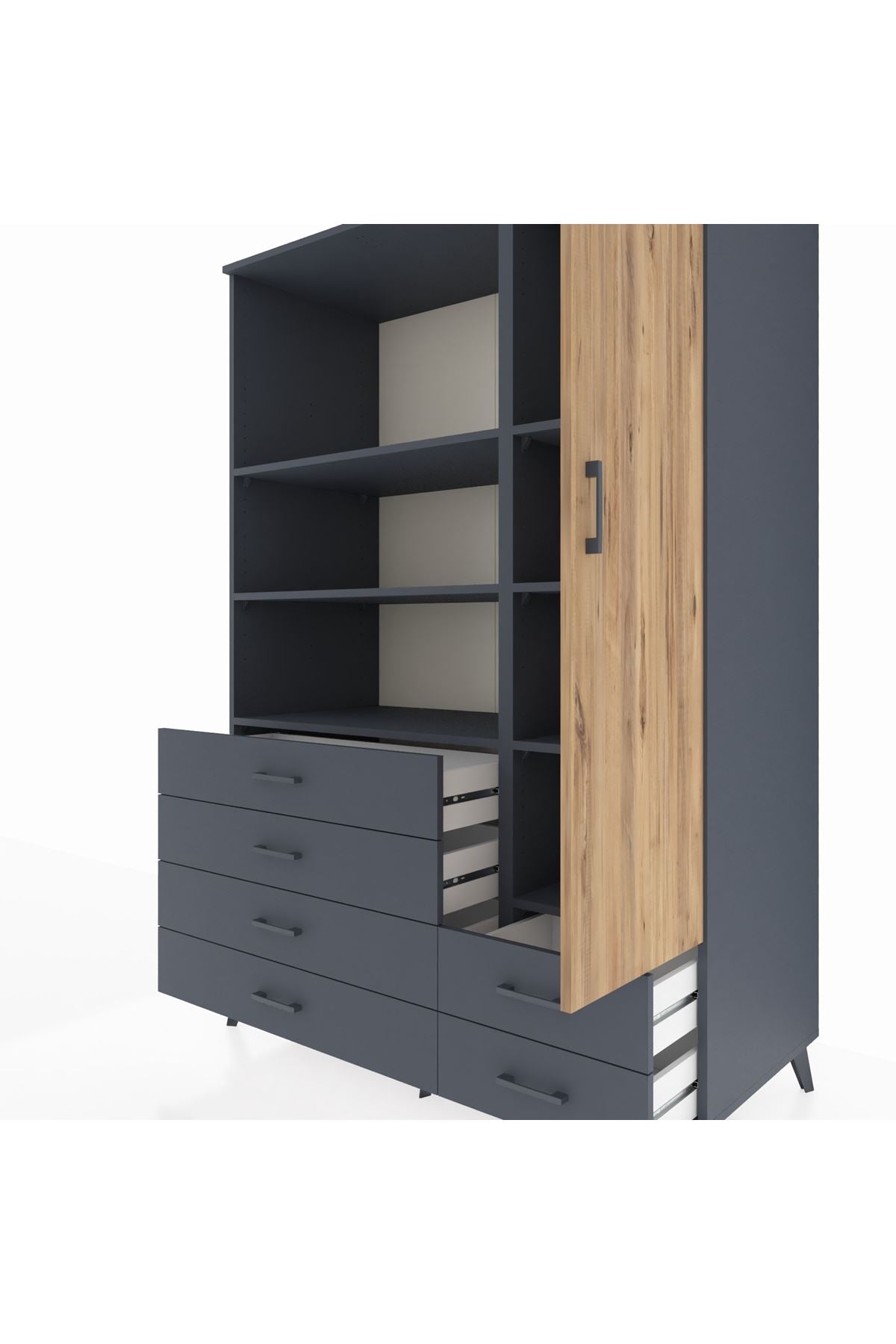 Kronos Dolap 7 Raflı 6 Çekmeceli Tek Kapaklı 132x59x195 Antrasit-Çam/Antrasit