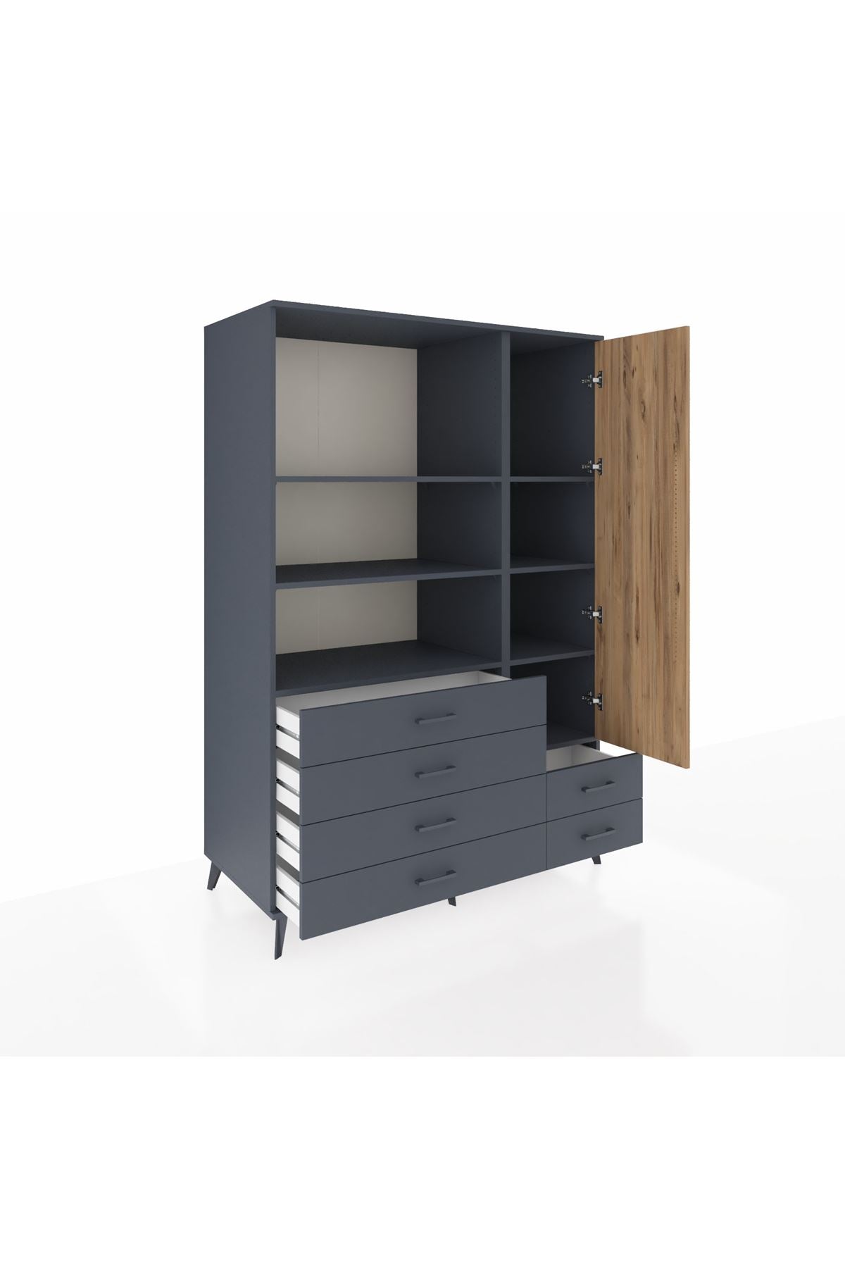 Kronos Dolap 7 Raflı 6 Çekmeceli Tek Kapaklı 132x59x195 Antrasit-Çam/Antrasit
