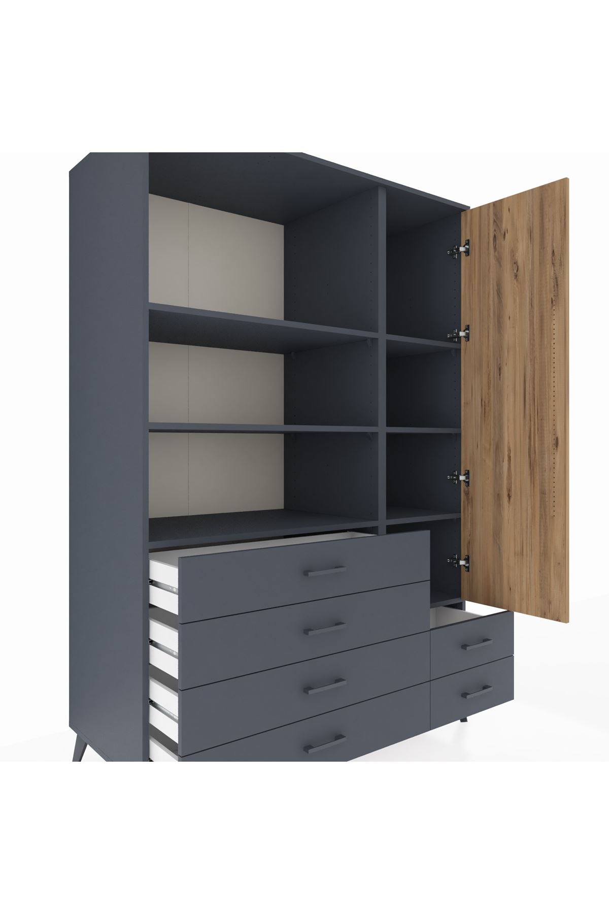 Kronos Dolap 7 Raflı 6 Çekmeceli Tek Kapaklı 132x59x195 Antrasit-Çam/Antrasit