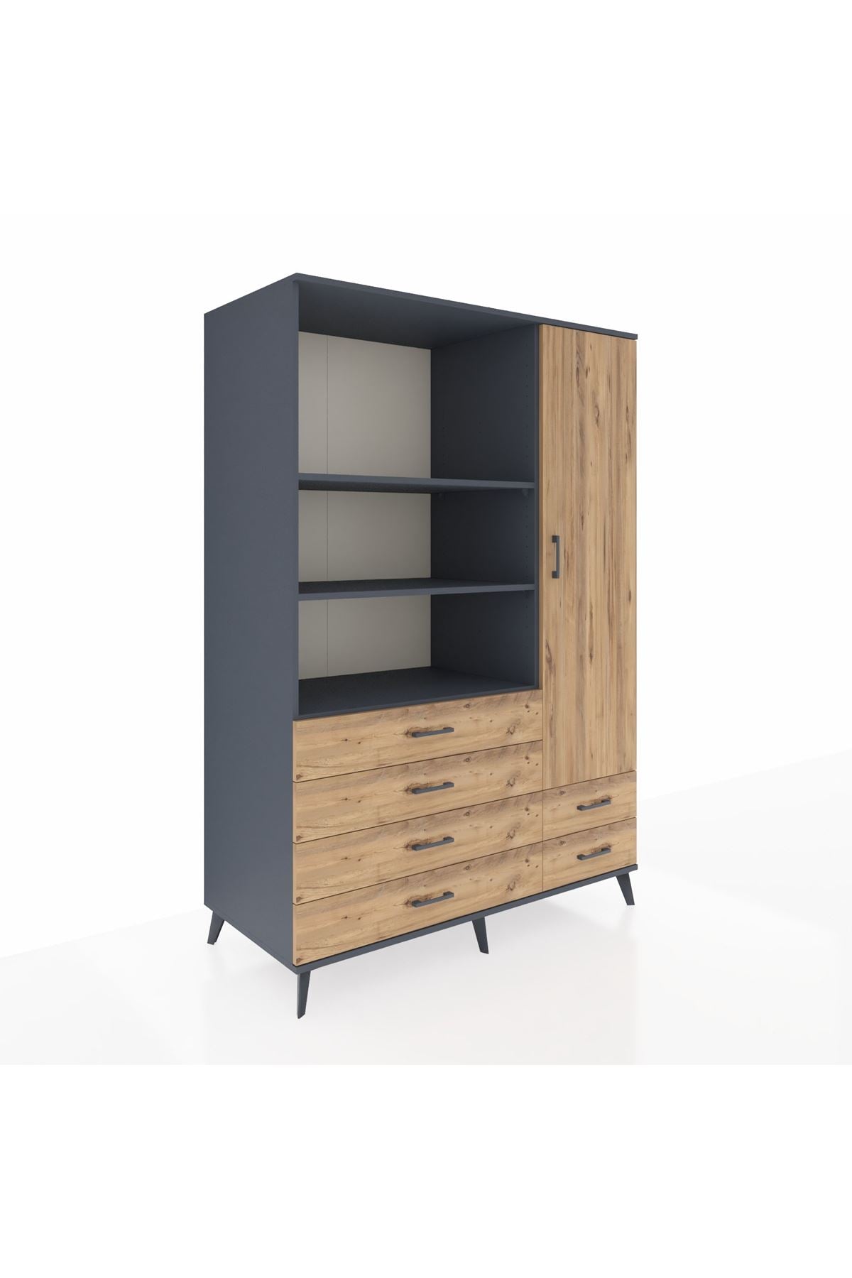 Kronos Dolap 7 Raflı 6 Çekmeceli Tek Kapaklı 132x59x195 Antrasit-Çam/Çam