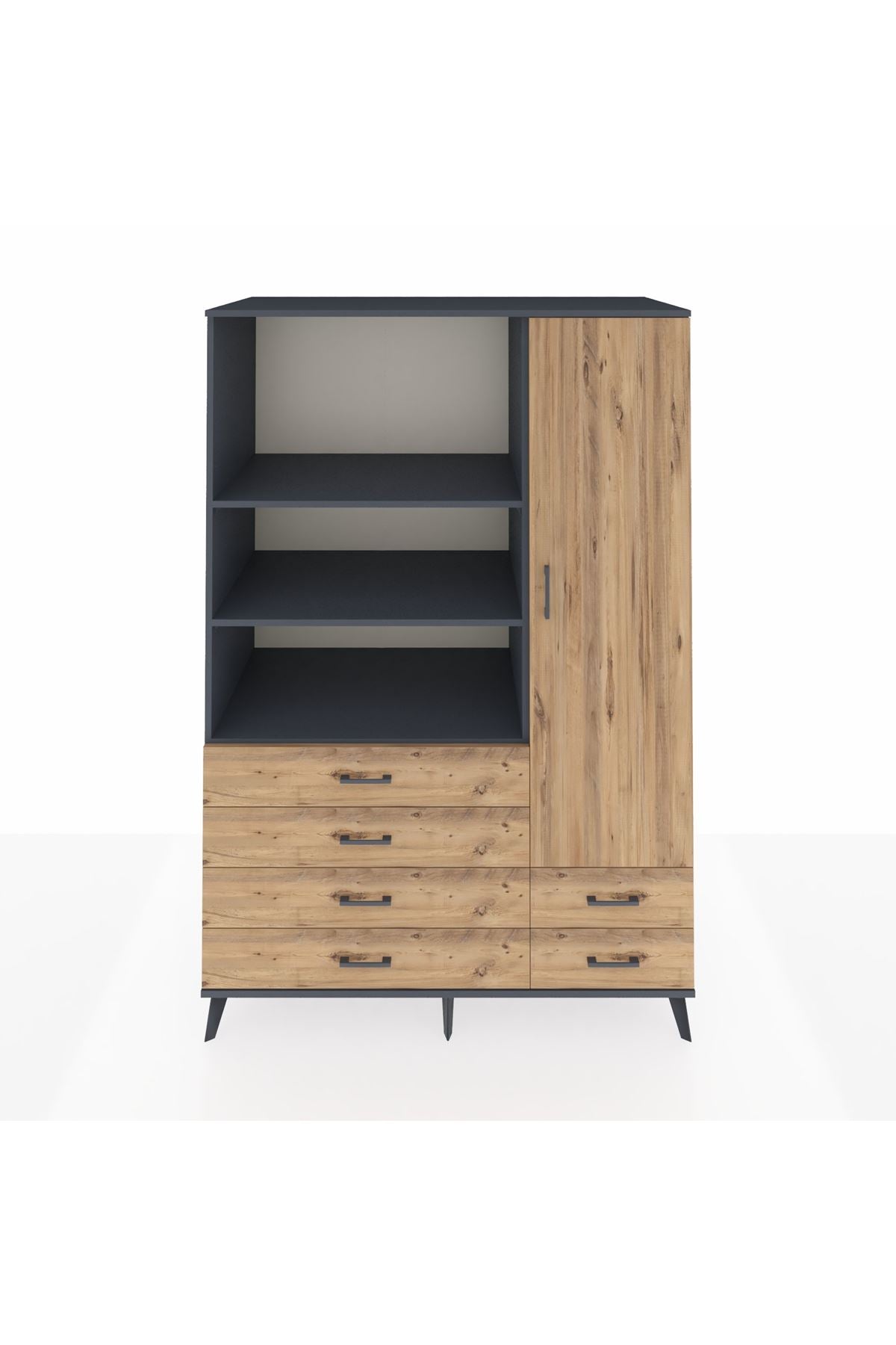 Kronos Dolap 7 Raflı 6 Çekmeceli Tek Kapaklı 132x59x195 Antrasit-Çam/Çam