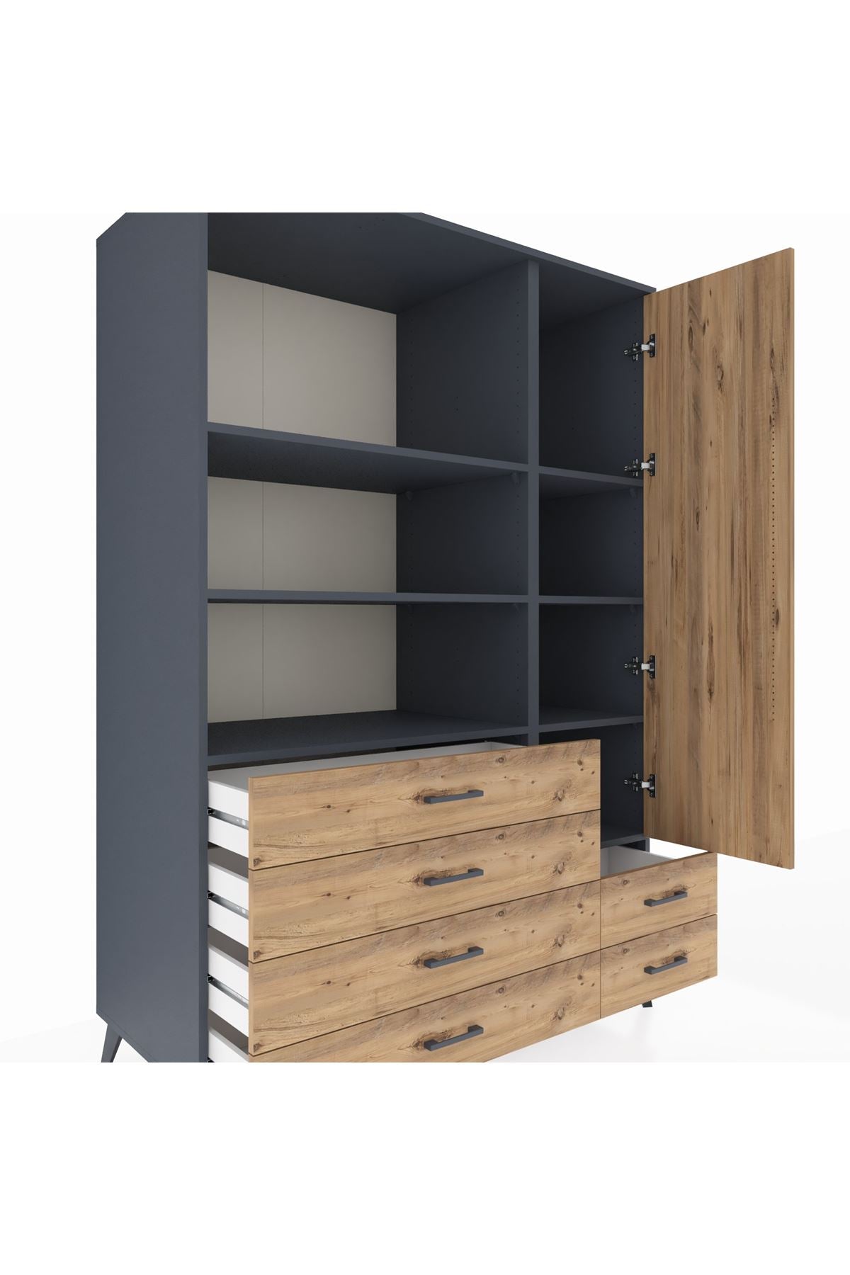 Kronos Dolap 7 Raflı 6 Çekmeceli Tek Kapaklı 132x59x195 Antrasit-Çam/Çam