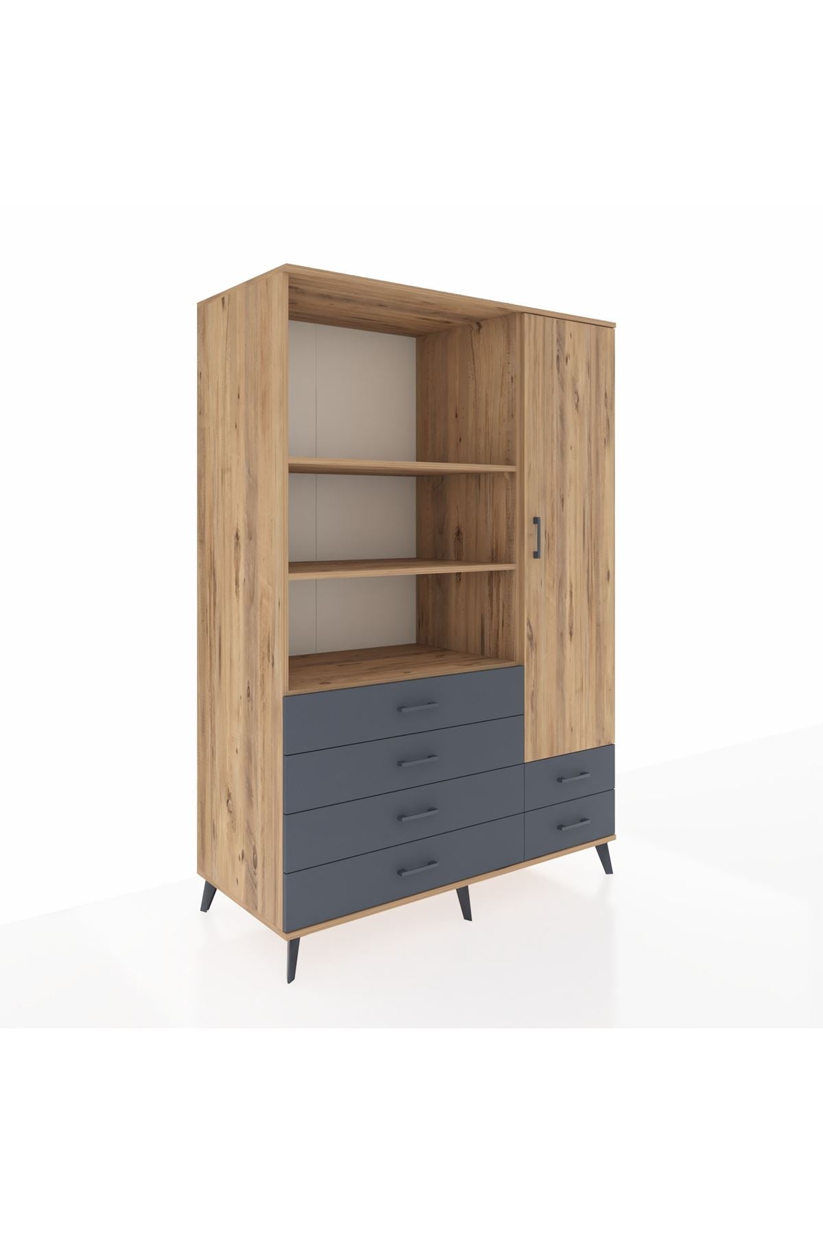 Kronos Dolap 7 Raflı 6 Çekmeceli Tek Kapaklı 132x59x195 Çam-Çam/Antrasit