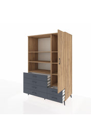 Kronos Dolap 7 Raflı 6 Çekmeceli Tek Kapaklı 132x59x195 Çam-Çam/Antrasit