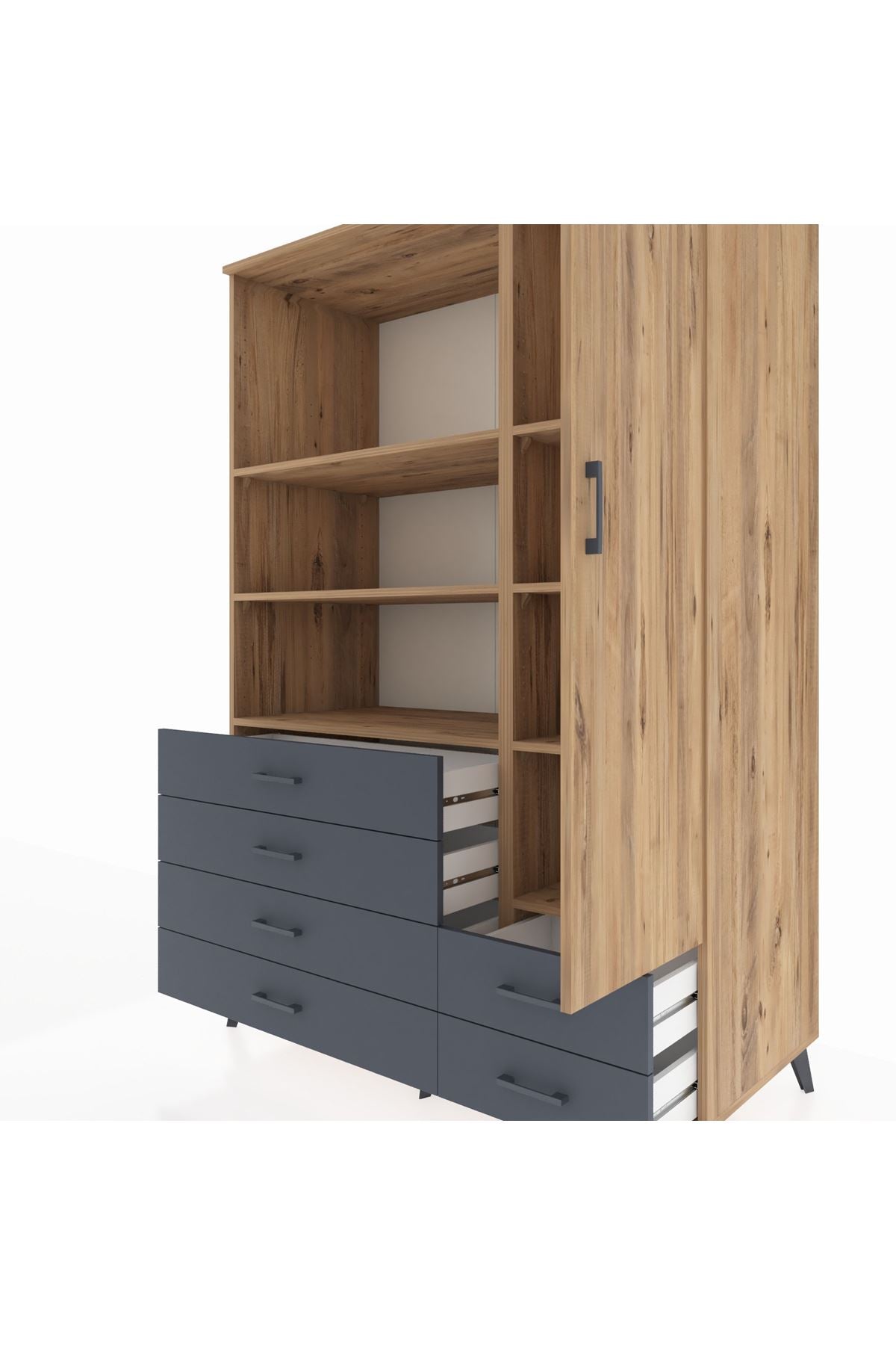 Kronos Dolap 7 Raflı 6 Çekmeceli Tek Kapaklı 132x59x195 Çam-Çam/Antrasit