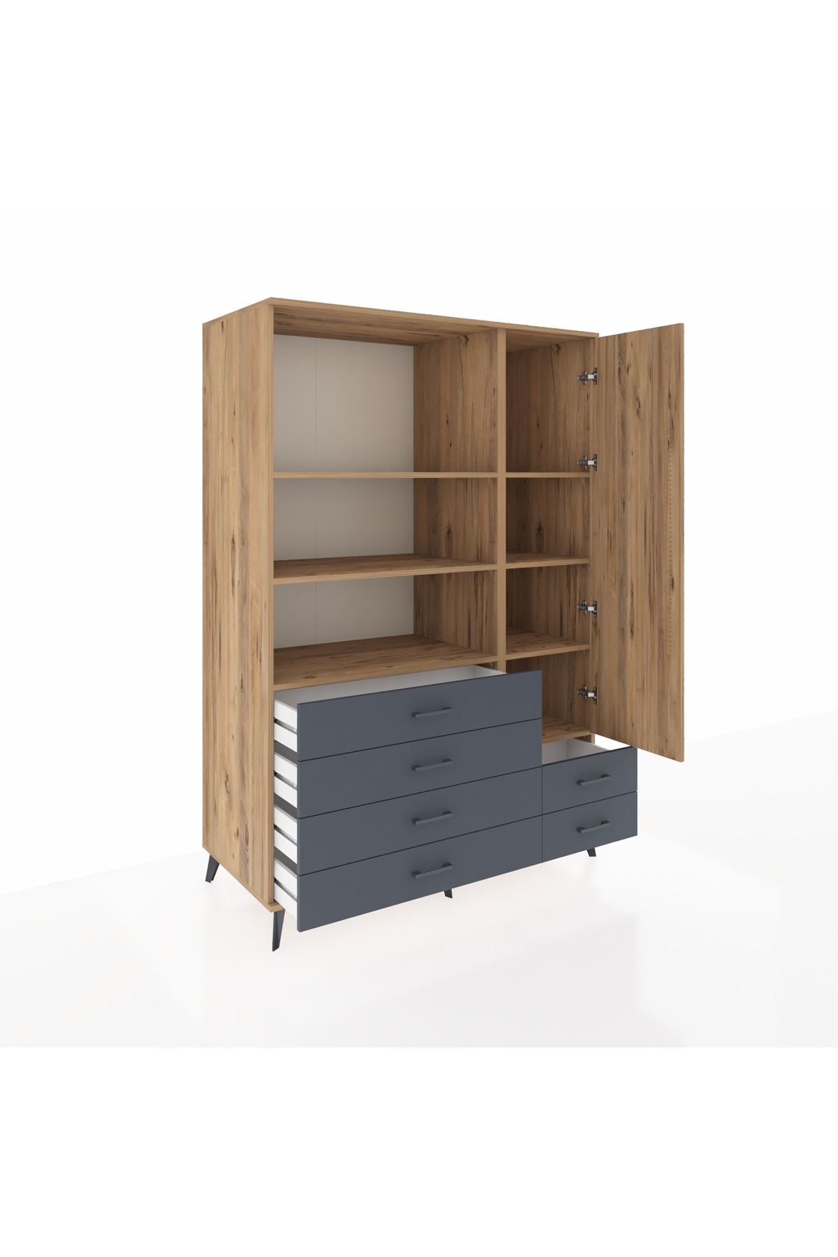 Kronos Dolap 7 Raflı 6 Çekmeceli Tek Kapaklı 132x59x195 Çam-Çam/Antrasit