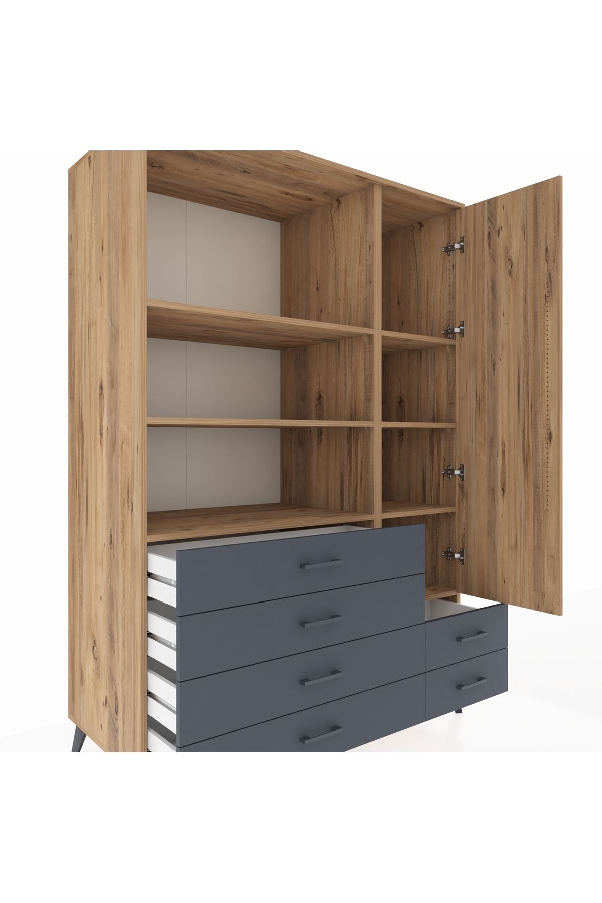 Kronos Dolap 7 Raflı 6 Çekmeceli Tek Kapaklı 132x59x195 Çam-Çam/Antrasit