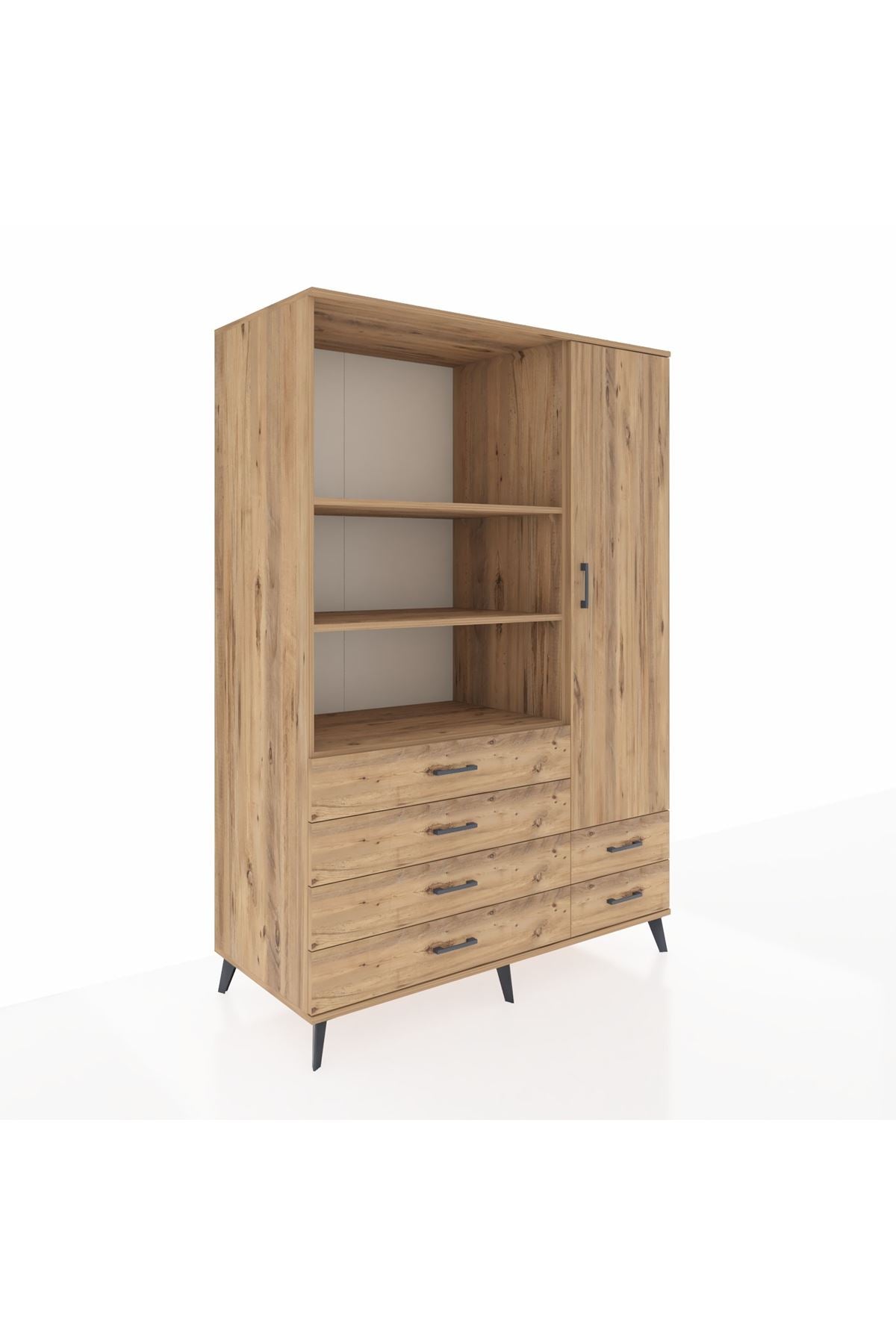 Kronos Dolap 7 Raflı 6 Çekmeceli Tek Kapaklı 132x59x195 Çam-Çam/Çam