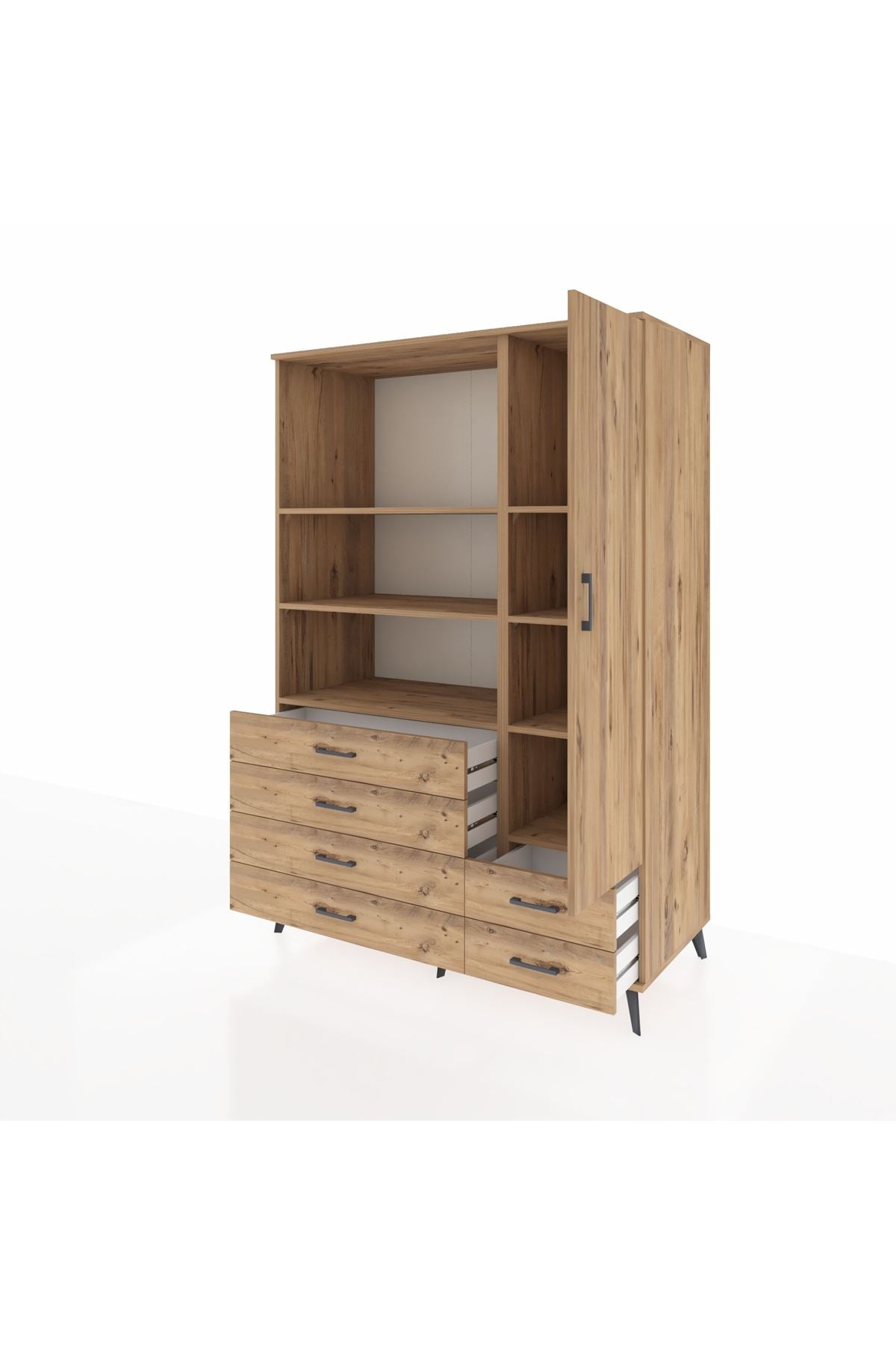 Kronos Dolap 7 Raflı 6 Çekmeceli Tek Kapaklı 132x59x195 Çam-Çam/Çam