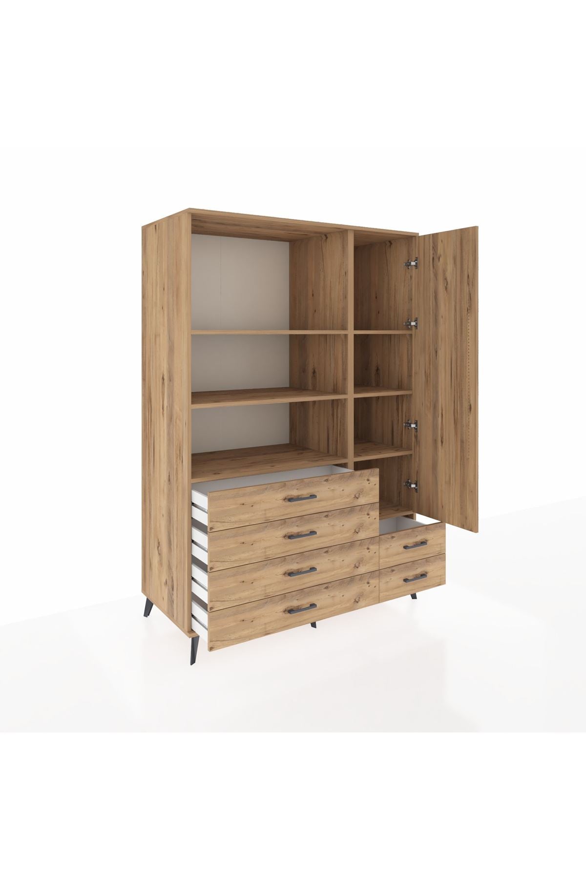 Kronos Dolap 7 Raflı 6 Çekmeceli Tek Kapaklı 132x59x195 Çam-Çam/Çam