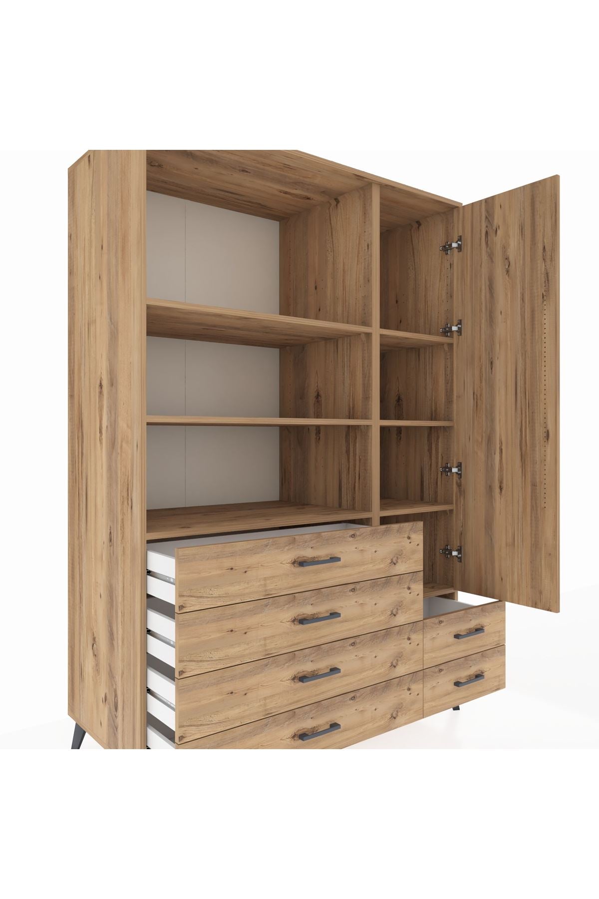 Kronos Dolap 7 Raflı 6 Çekmeceli Tek Kapaklı 132x59x195 Çam-Çam/Çam