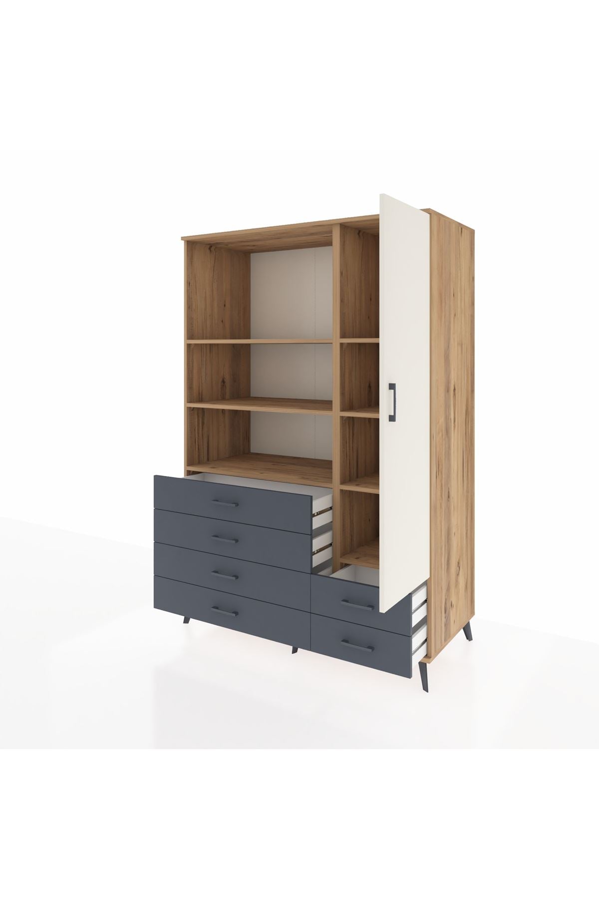 Kronos Dolap 7 Raflı 6 Çekmeceli Tek Kapaklı 132x59x195 Çam-Aytaşı/Antrasit