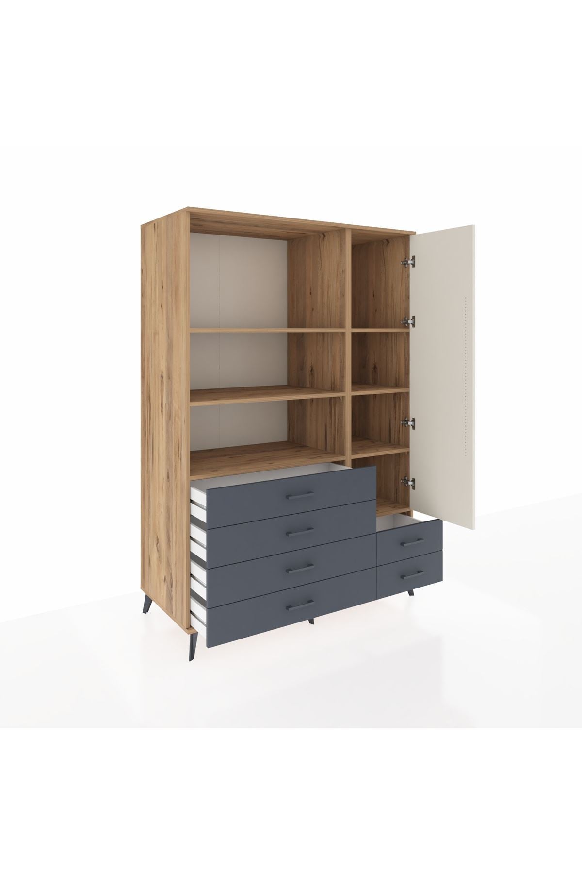 Kronos Dolap 7 Raflı 6 Çekmeceli Tek Kapaklı 132x59x195 Çam-Aytaşı/Antrasit