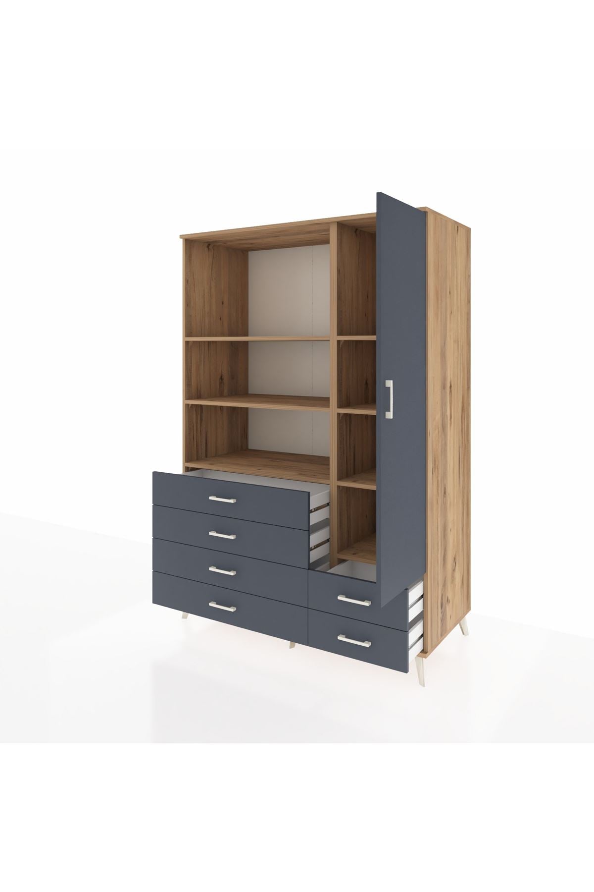 Kronos Dolap 7 Raflı 6 Çekmeceli Tek Kapaklı 132x59x195 Çam-Antrasit/Antrasit