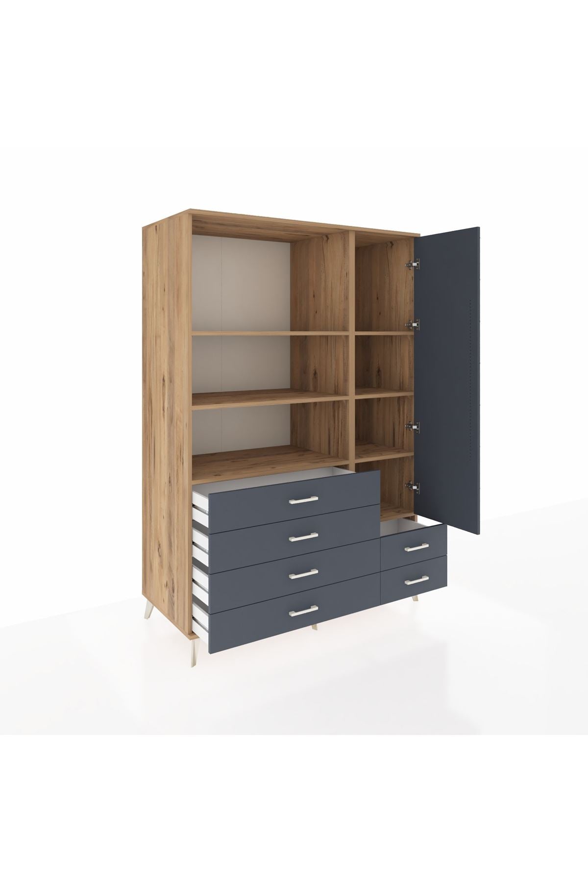 Kronos Dolap 7 Raflı 6 Çekmeceli Tek Kapaklı 132x59x195 Çam-Antrasit/Antrasit