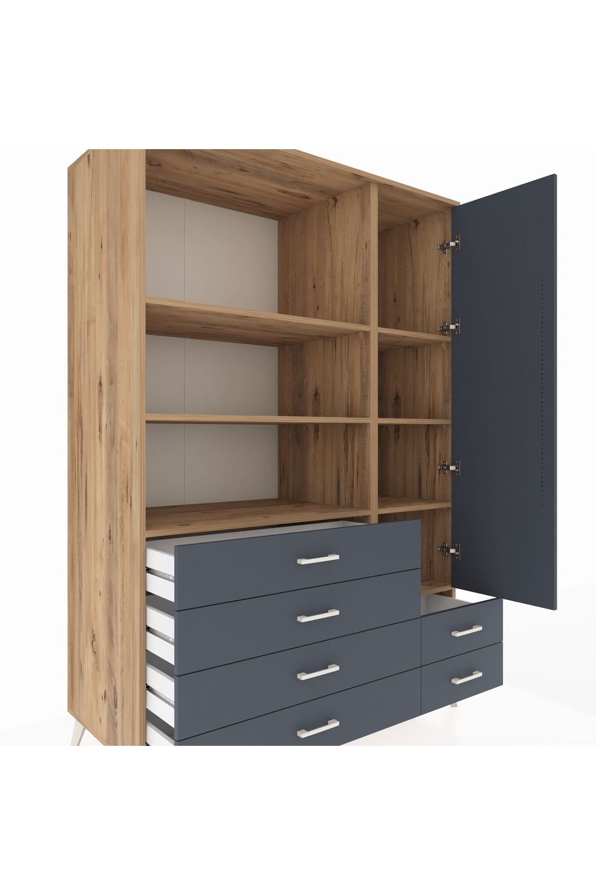 Kronos Dolap 7 Raflı 6 Çekmeceli Tek Kapaklı 132x59x195 Çam-Antrasit/Antrasit