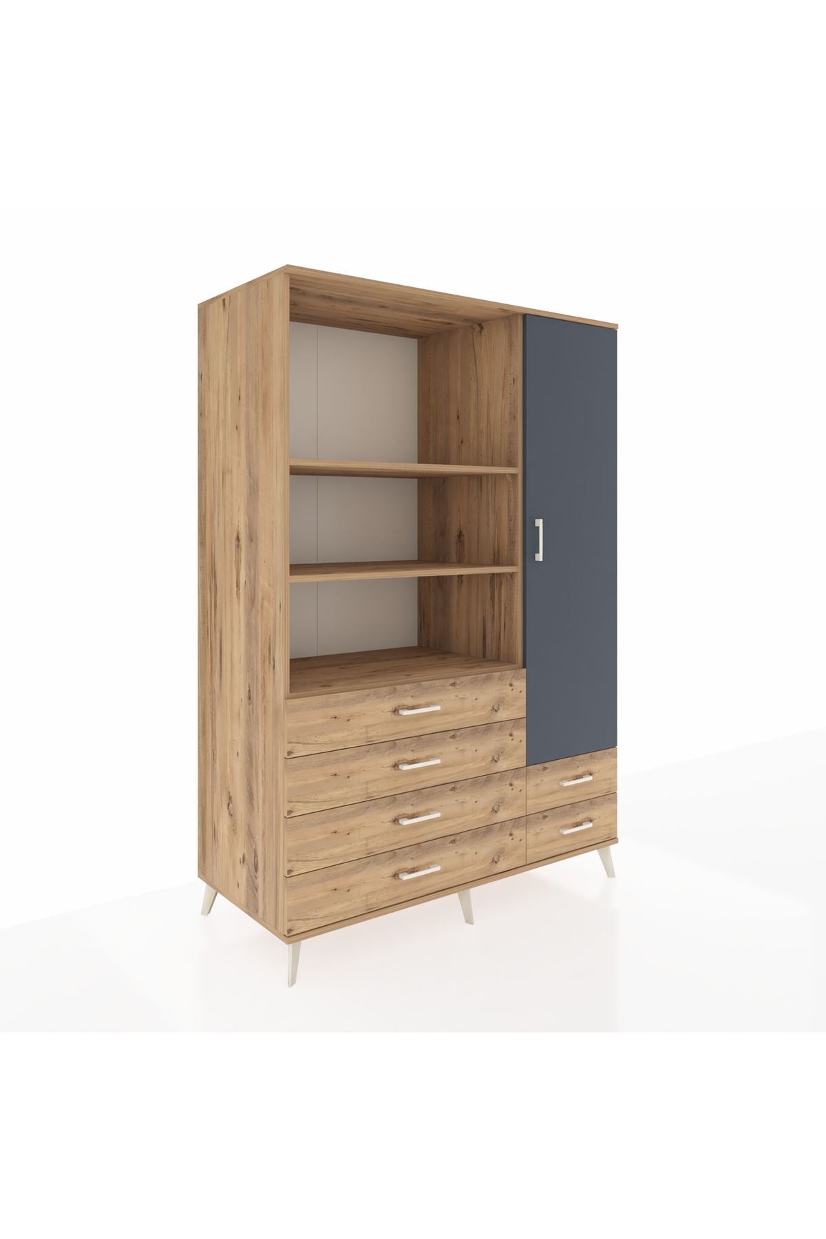 Kronos Dolap 7 Raflı 6 Çekmeceli Tek Kapaklı 132x59x195 Çam-Antrasit/Çam