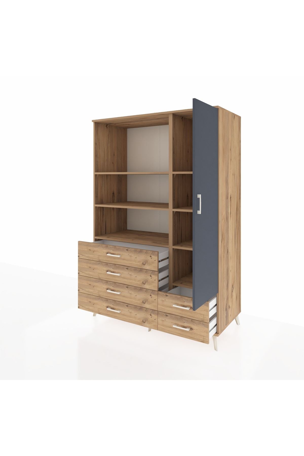 Kronos Dolap 7 Raflı 6 Çekmeceli Tek Kapaklı 132x59x195 Çam-Antrasit/Çam