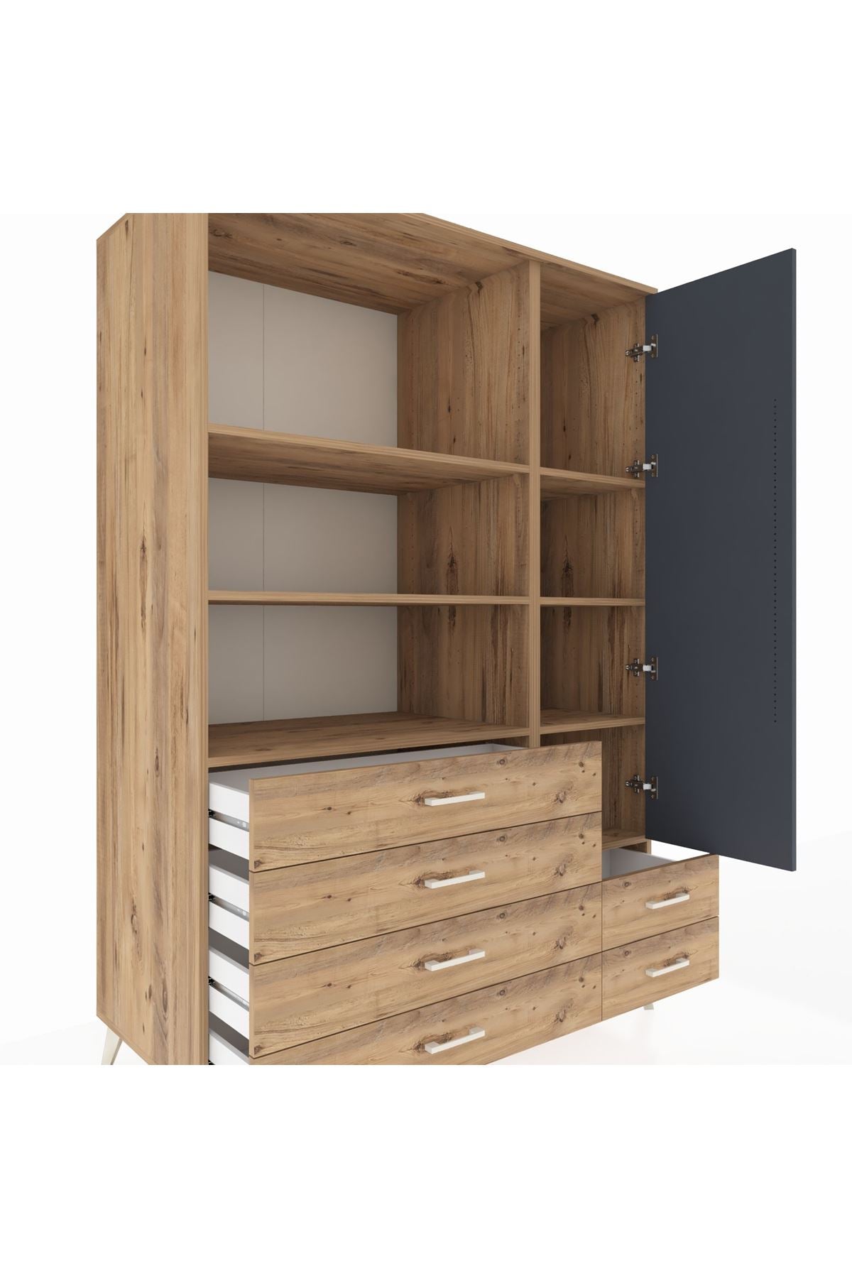 Kronos Dolap 7 Raflı 6 Çekmeceli Tek Kapaklı 132x59x195 Çam-Antrasit/Çam